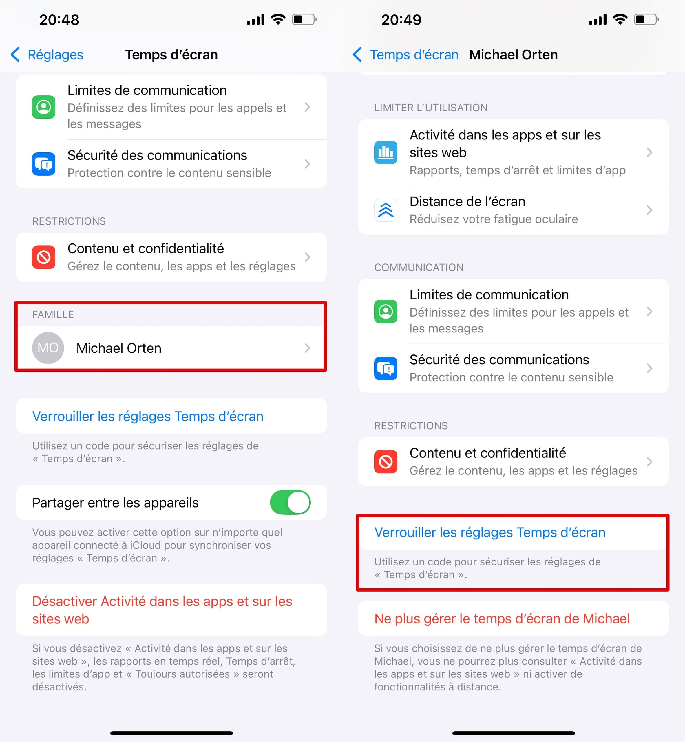 Dans les réglages du temps d’écran, sélectionnez la section famille, puis cliquez sur Verrouiller les réglages Temps d’écran en bas de la page.