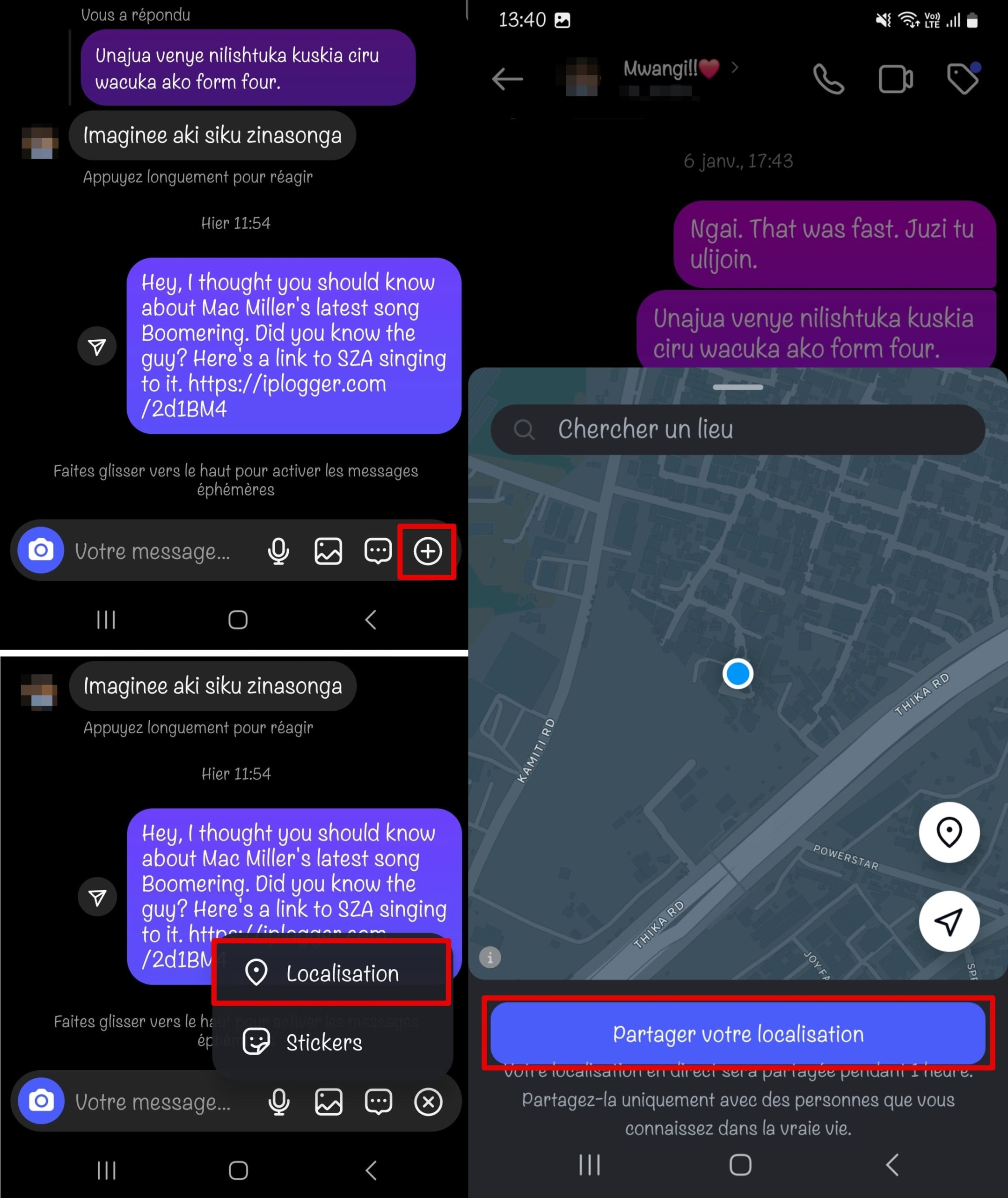 Ouvrez une discussion Instagram, cliquez sur plus, localisation, et partagez la localisation.
