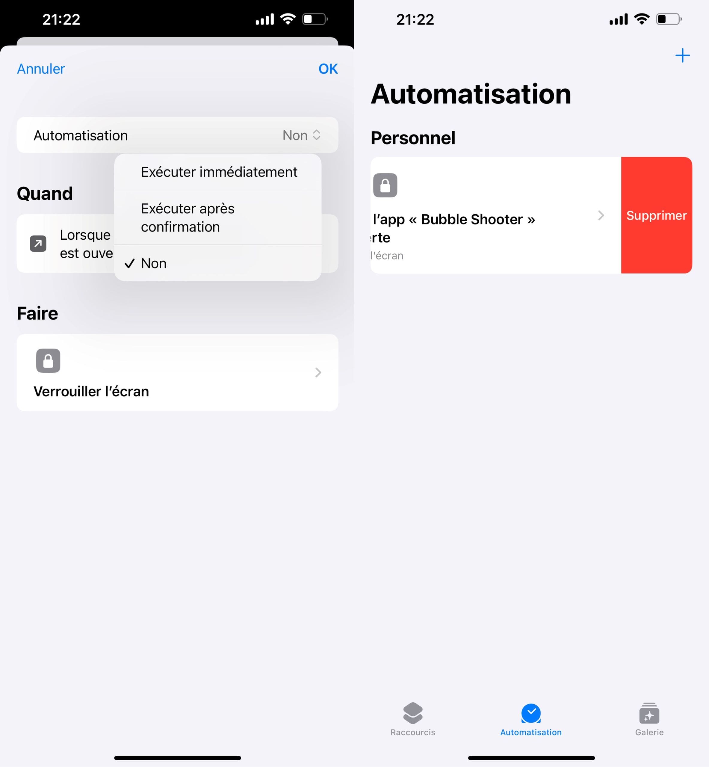 Définir le mode de fonctionnement de l'application sélectionnée dans le raccourci d'automatisation sur l'iPhone et le supprimer.