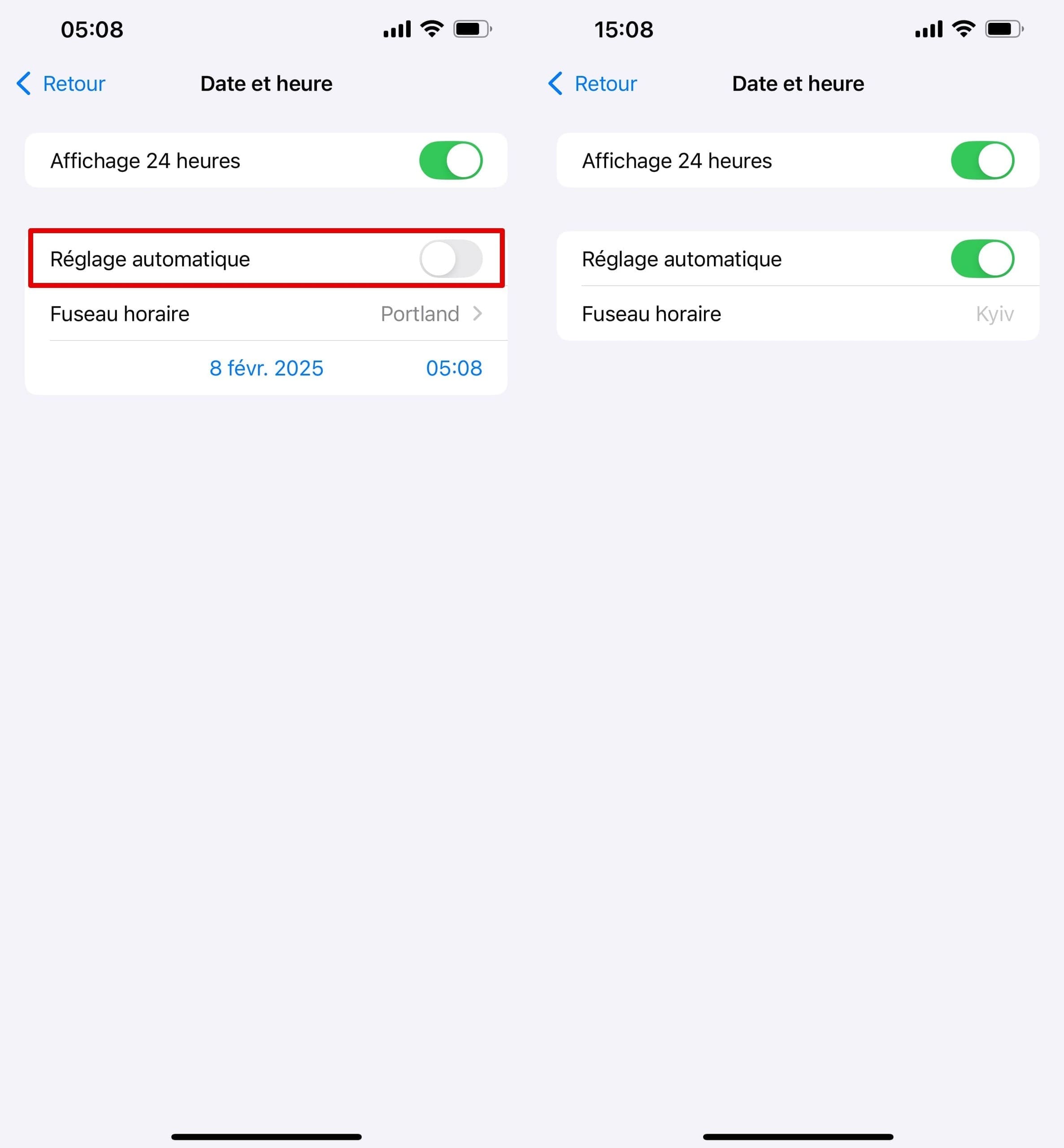 Configuration de la date et de l’heure sur un iphone, avec le réglage automatique.