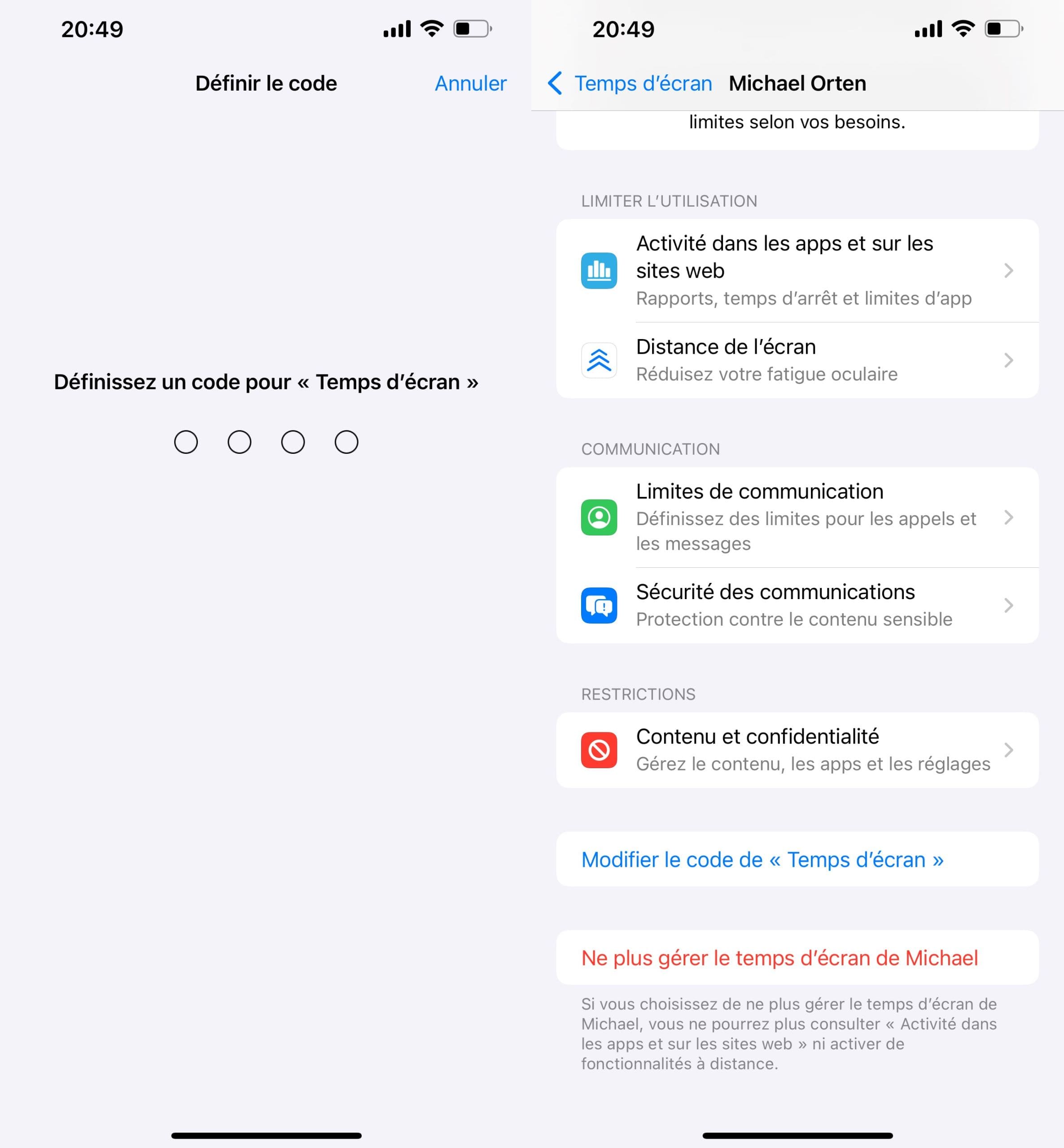 Définissez le code d’accès, confirmez-le et vous pouvez maintenant le modifier dans la section Modifier le code de “Temps d'écran”.