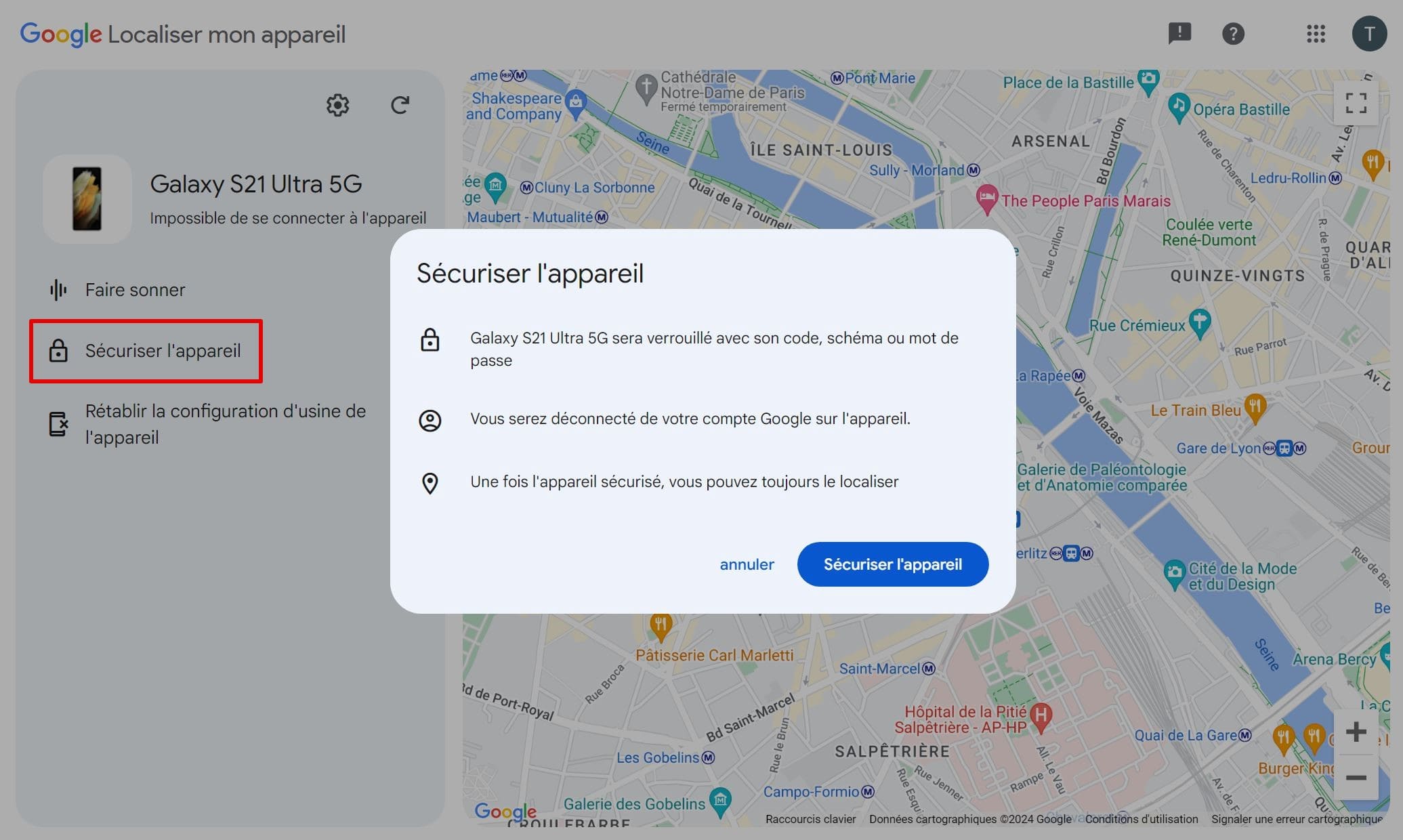 Fonction Secure Device image sur la carte dans Find My Device
