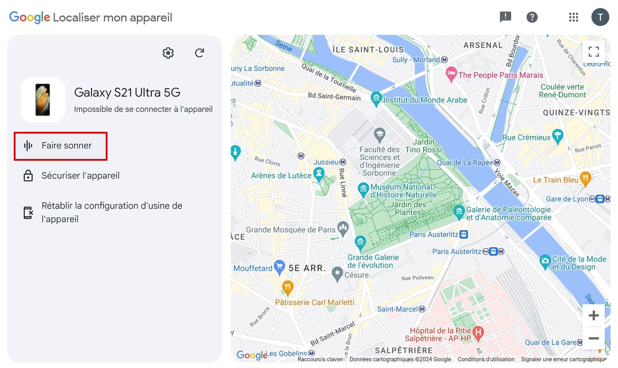 Image de la fonction Faire sonner sur la carte dans Find My Device