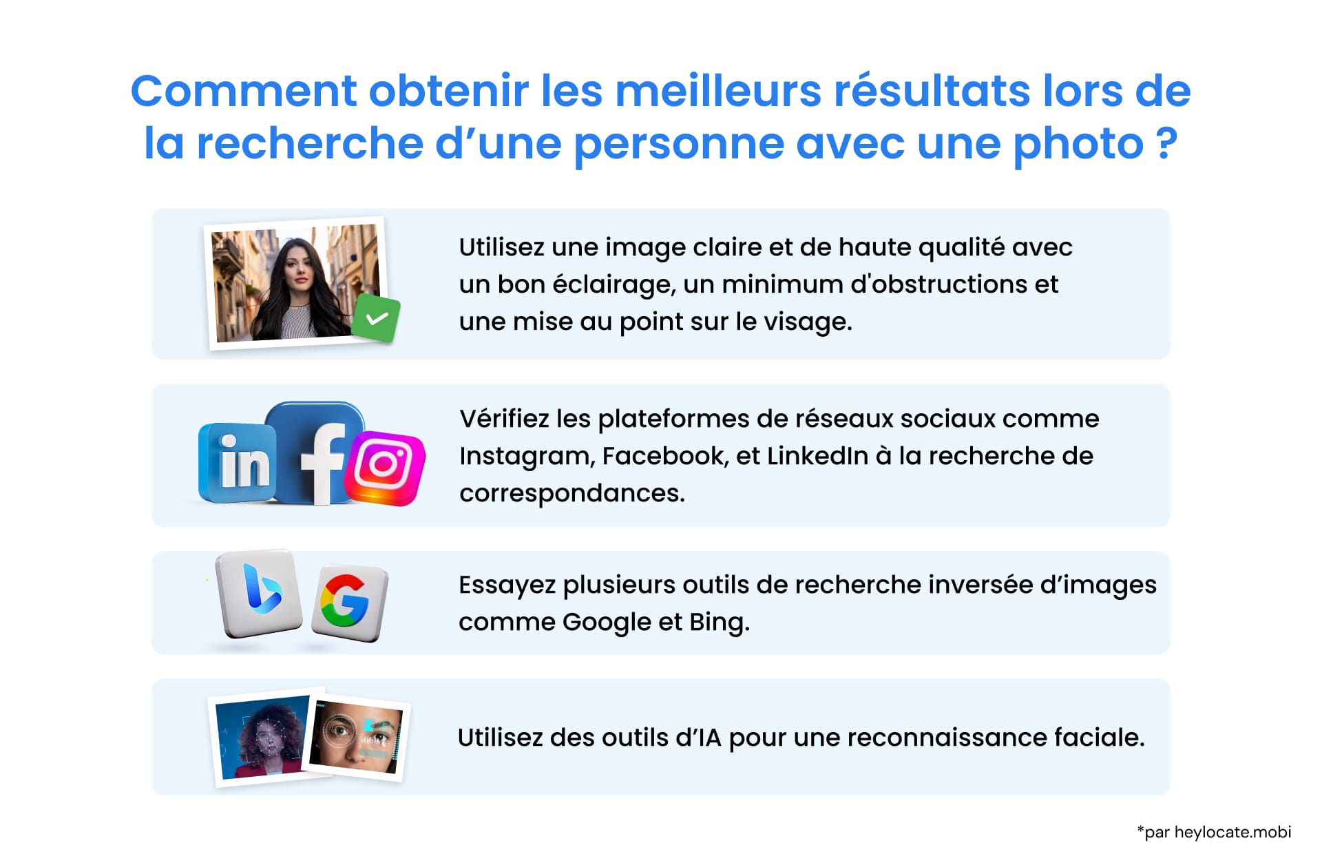 Infographie avec les recommandations sur comment retrouver quelqu’un avec une photo.