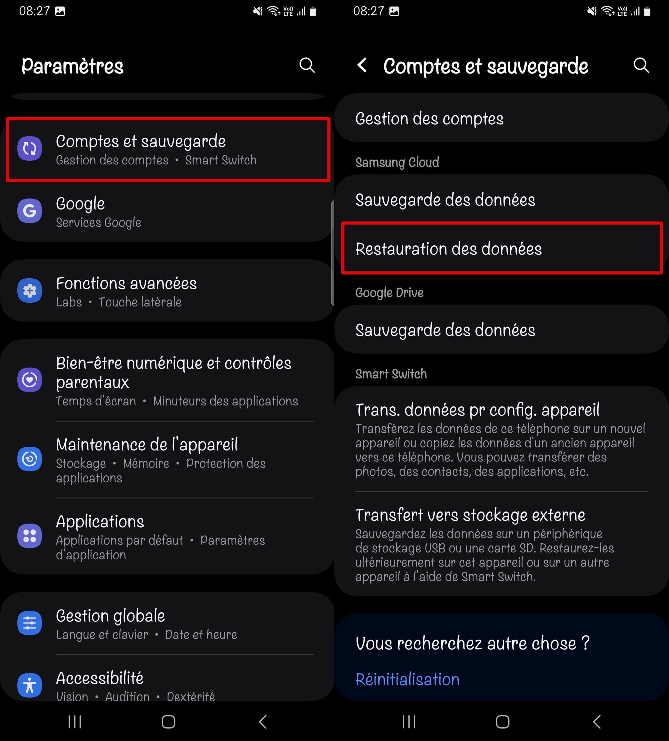 Accès à la fonctionnalité Comptes et sauvegarde sur un Samsung