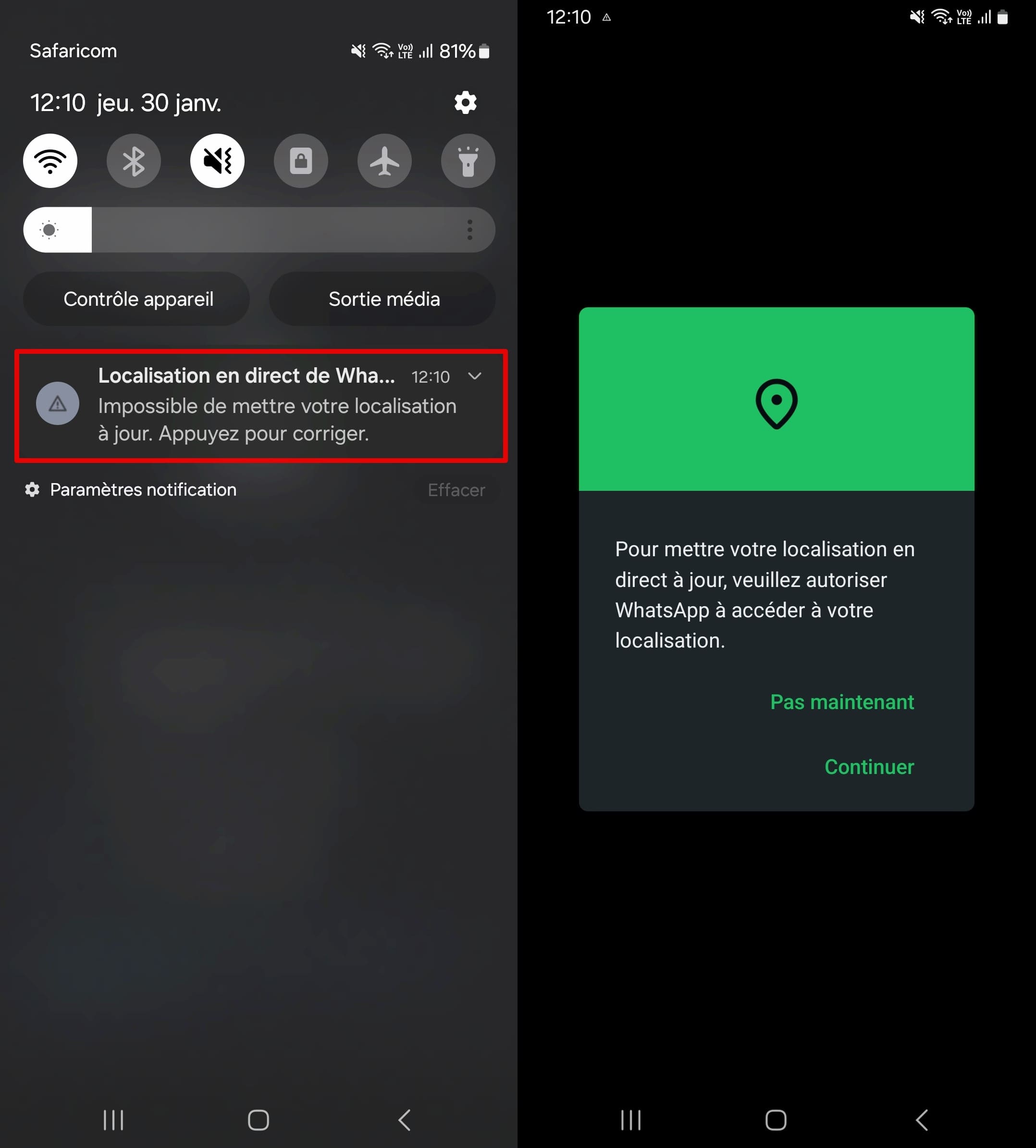La notification lorsque les services de localisation sont désactivés quand vous partagez votre localisation sur WhatsApp.