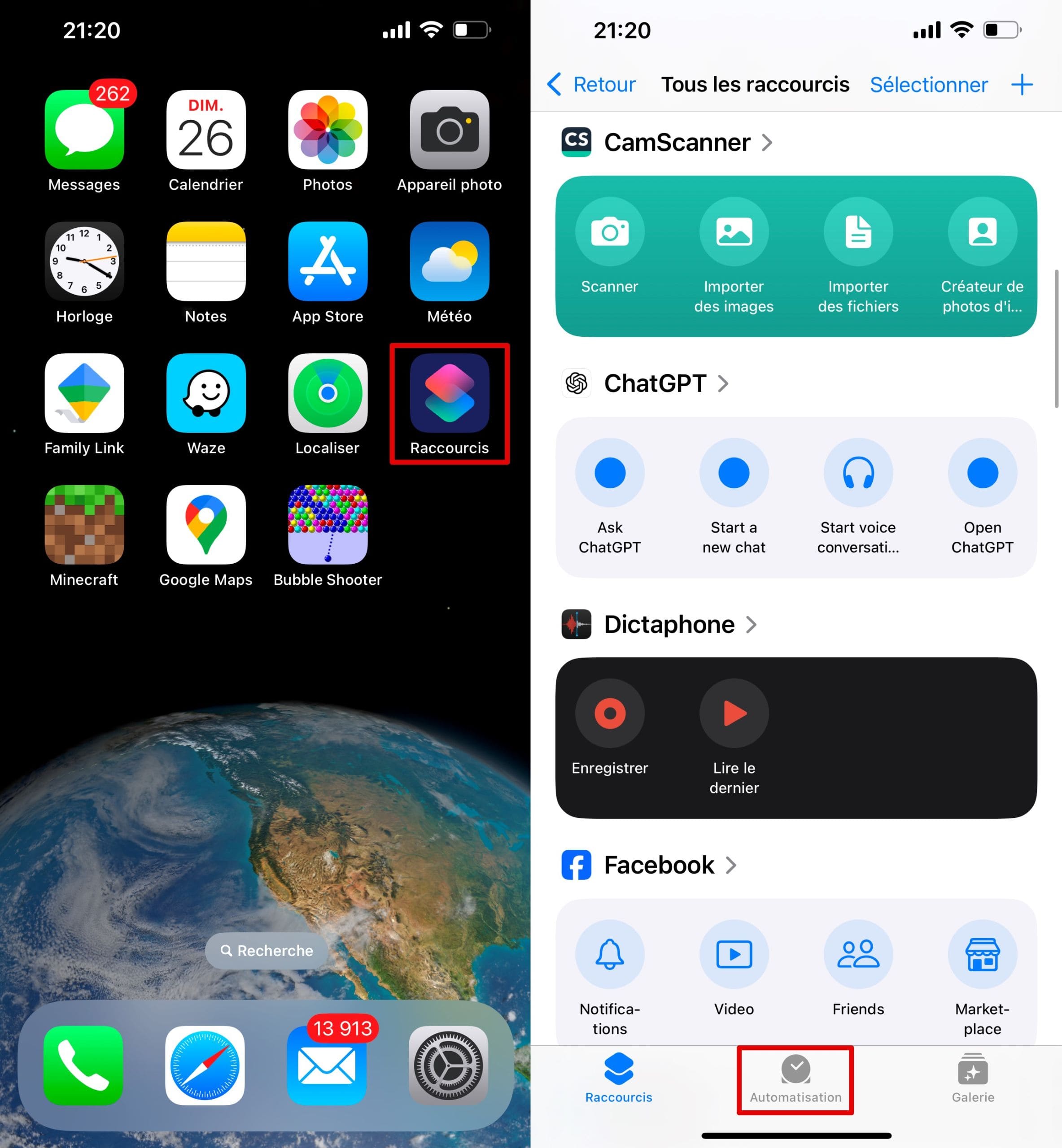 Ouvrir l'application Raccourcis et l'onglet Automatisation.