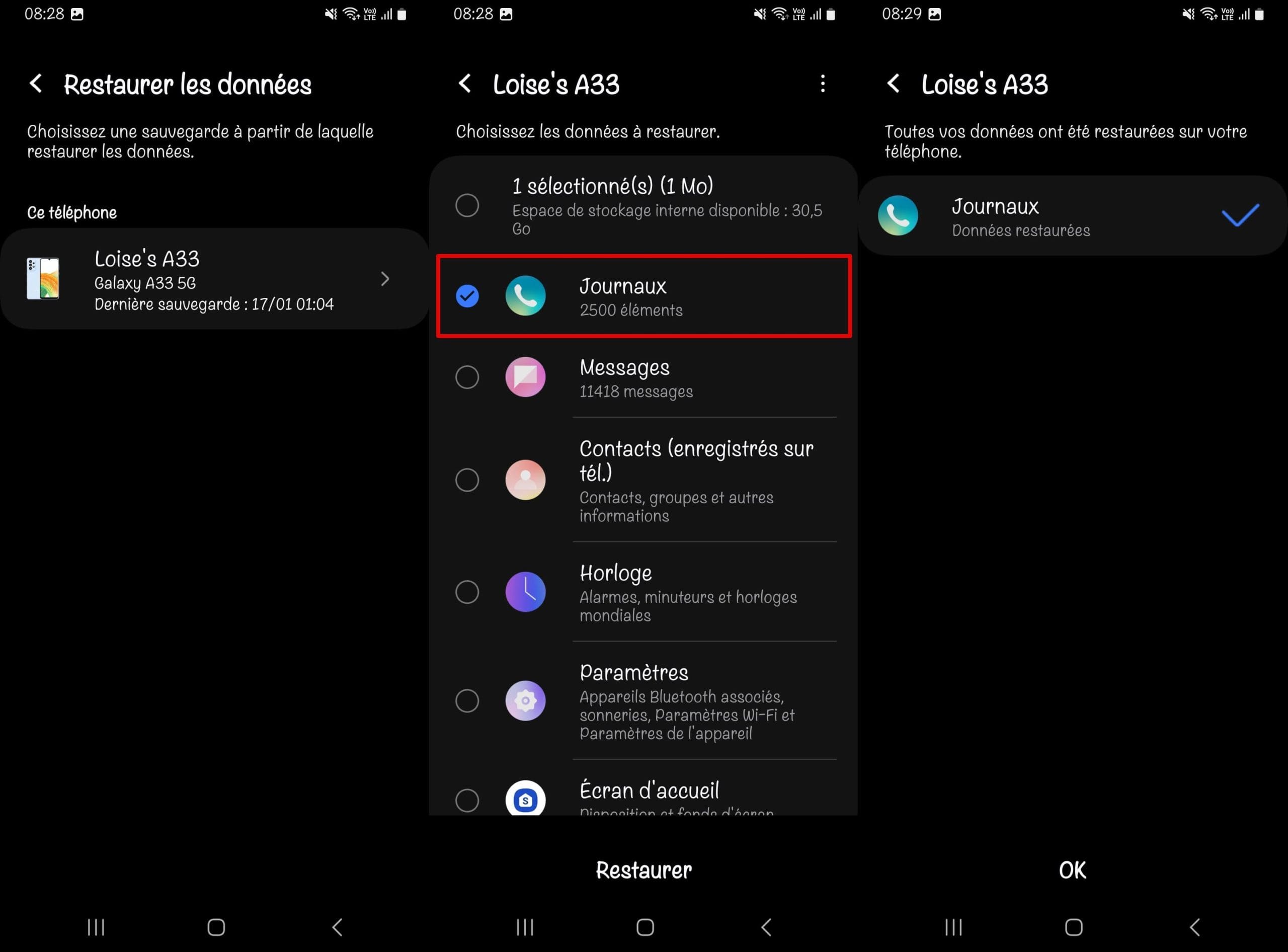 Restauration des journaux d’appels depuis la sauvegarde de Samsung