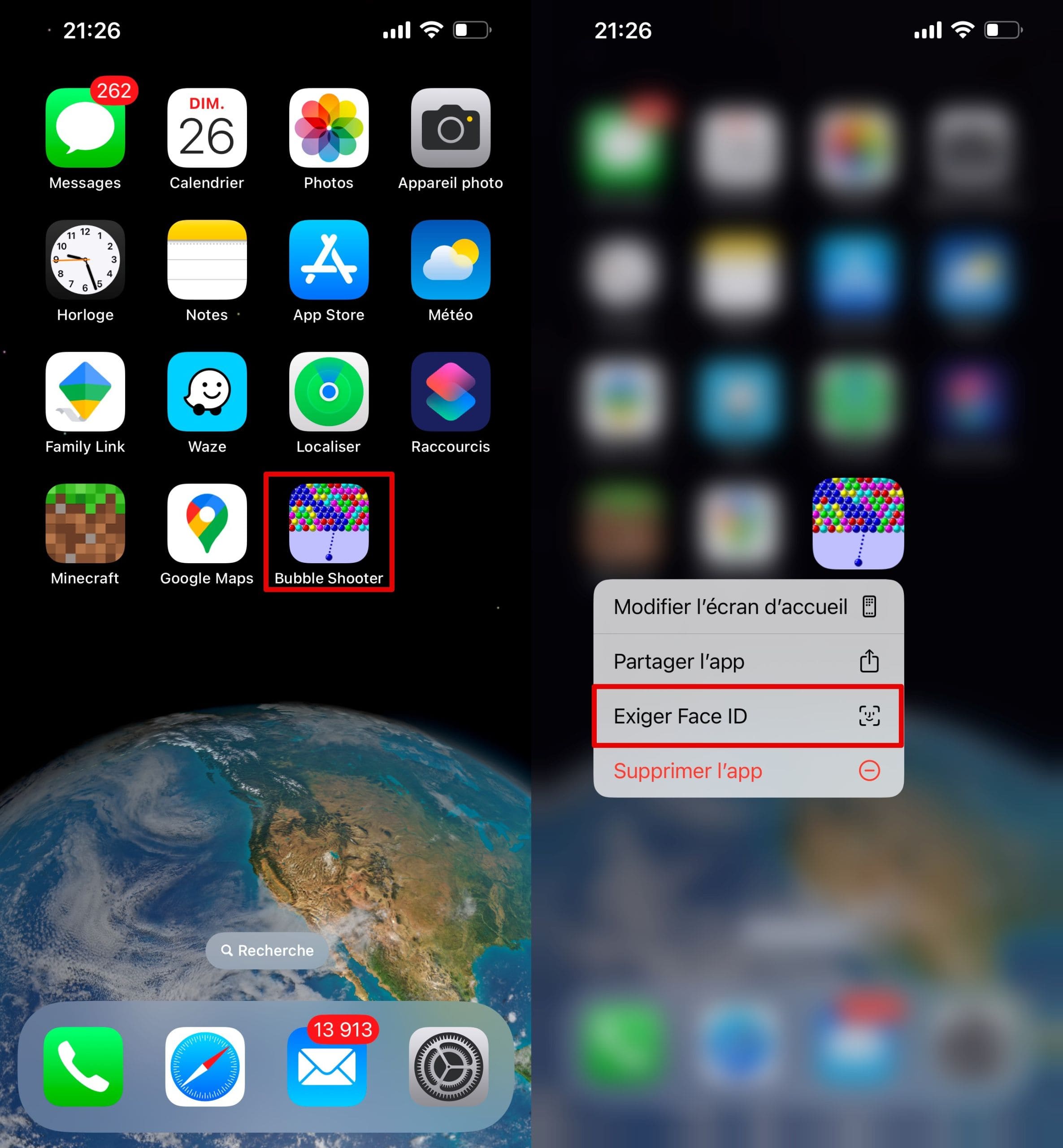 Appuyez sur l'application ciblée et sélectionnez Exiger Face ID ou Touch ID ou un code d'accès.