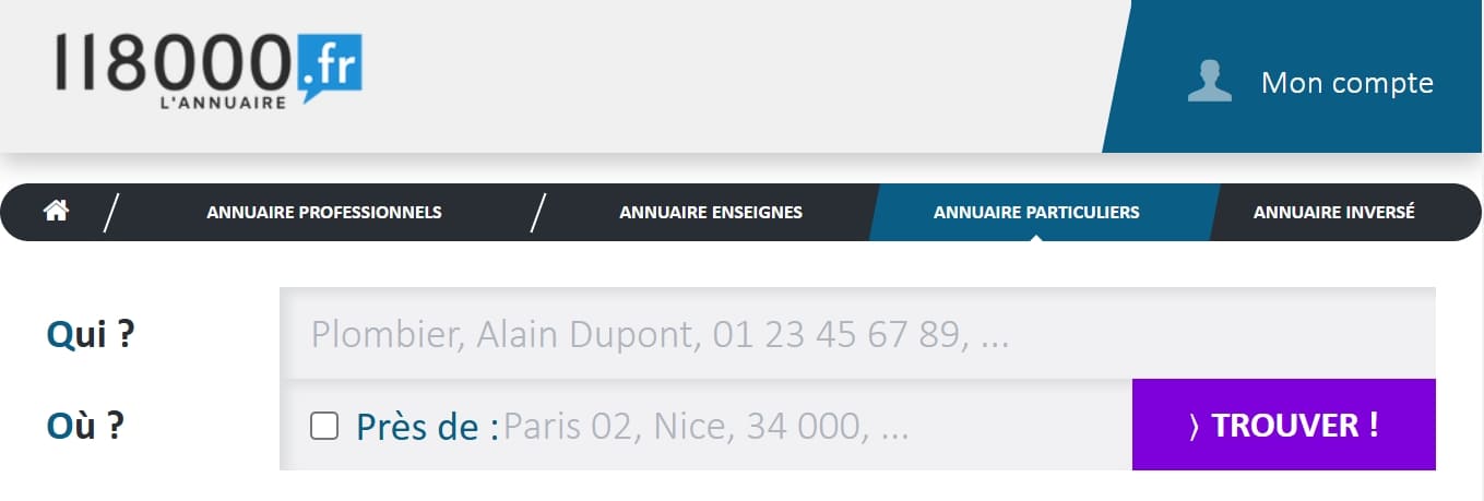 Vue de la page d'accueil du site 118000 avec menu et barre de recherche