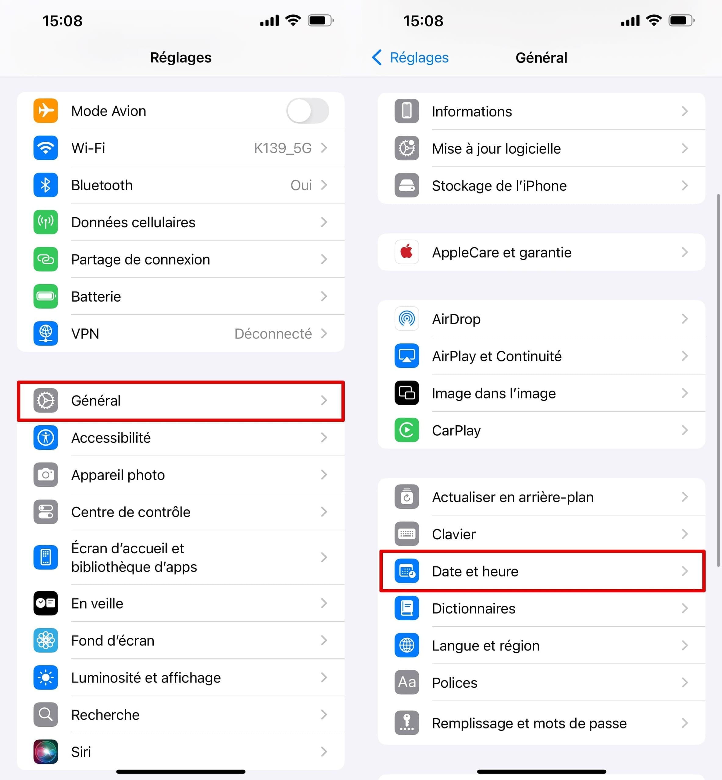 Allez dans les Réglages de l’iPhone - Général - Date et heure.