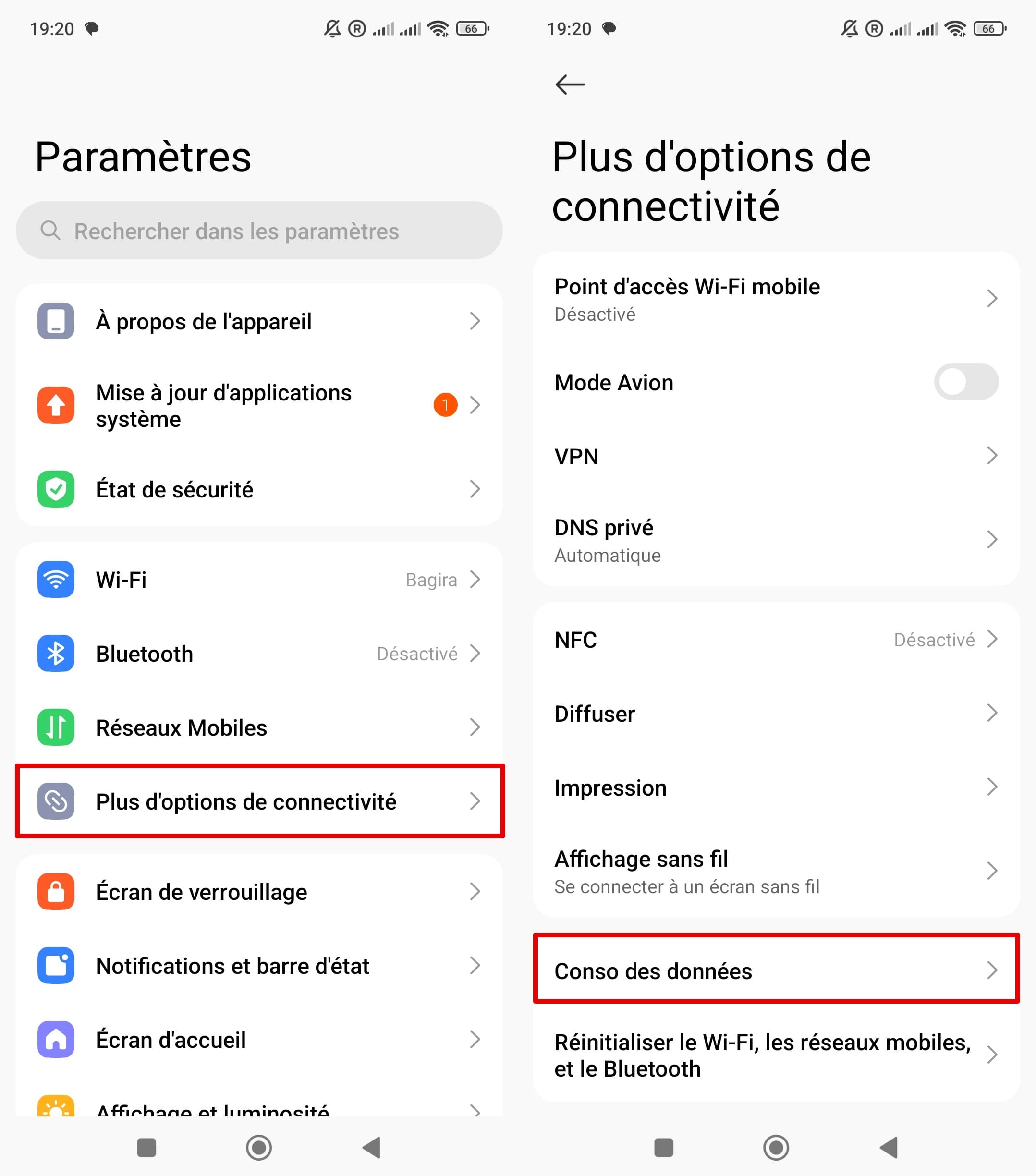Cliquez sur Paramètres - Plus d’options de connectivité - Conso des données sur un Xiaomi.