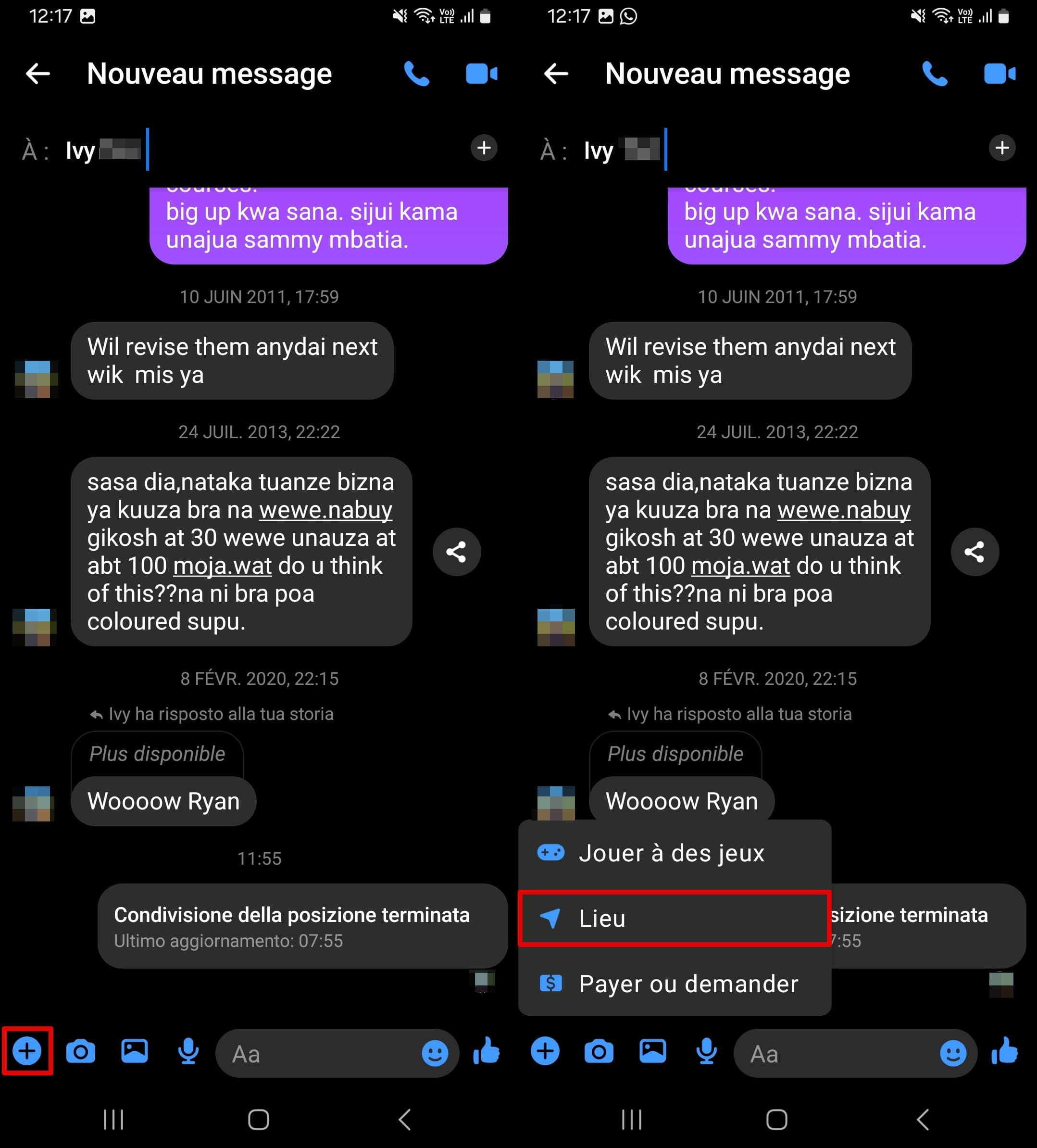 Cliquez sur l'icône du stylo - icône plus - localisation sur Facebook Messenger.