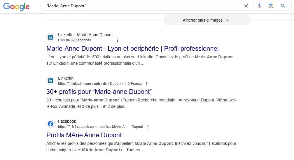 Recherche Google avec un nom écrit entre guillemets
