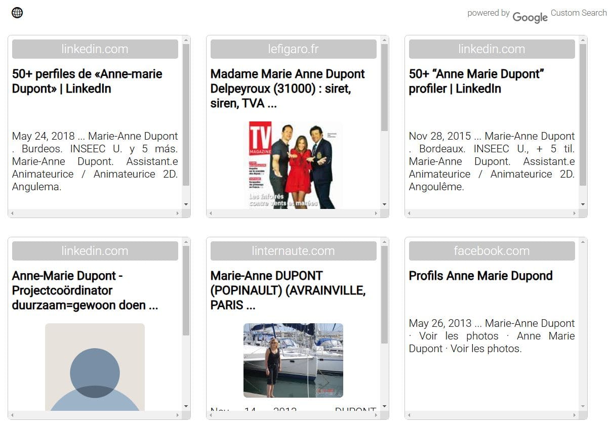 Moteur de recherche de personnes Webmii montrant les résultats avec des liens vers d’autres plateformes de réseaux sociaux