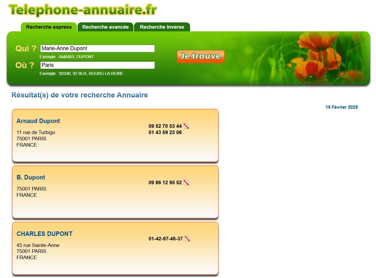 Les résultats d’une recherche par nom sur la plateforme Telephone-annuaire.fr.