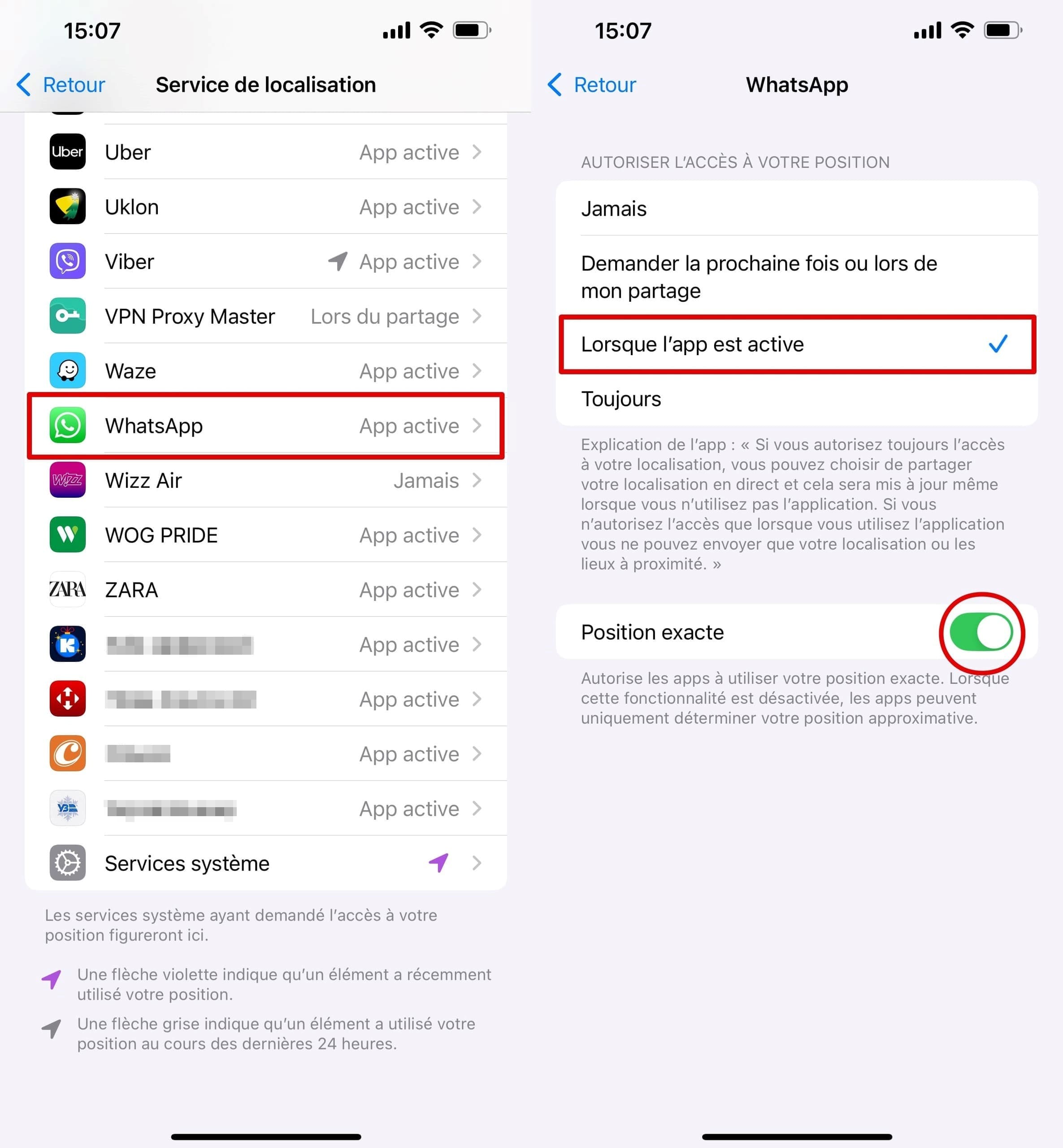 Dans l’onglet des Services de localisation, sélectionnez l’application souhaitée puis les autorisations nécessaires, et activez la Position exacte.