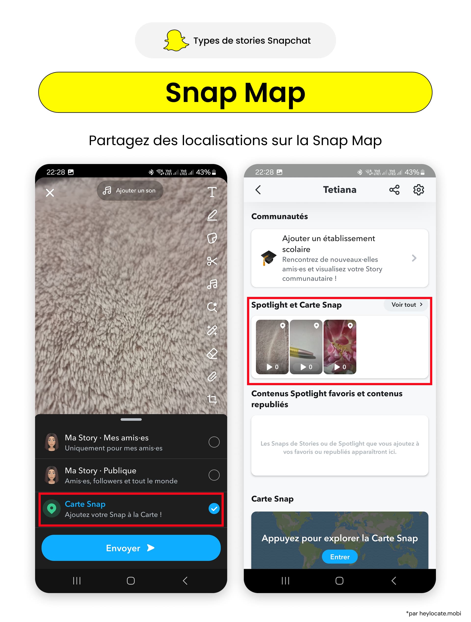 Téléchargez un fichier multimédia, sélectionnez Snap Map et appuyez sur envoyer, et vous verrez tous les Spotlight et Snap Map publiés.
