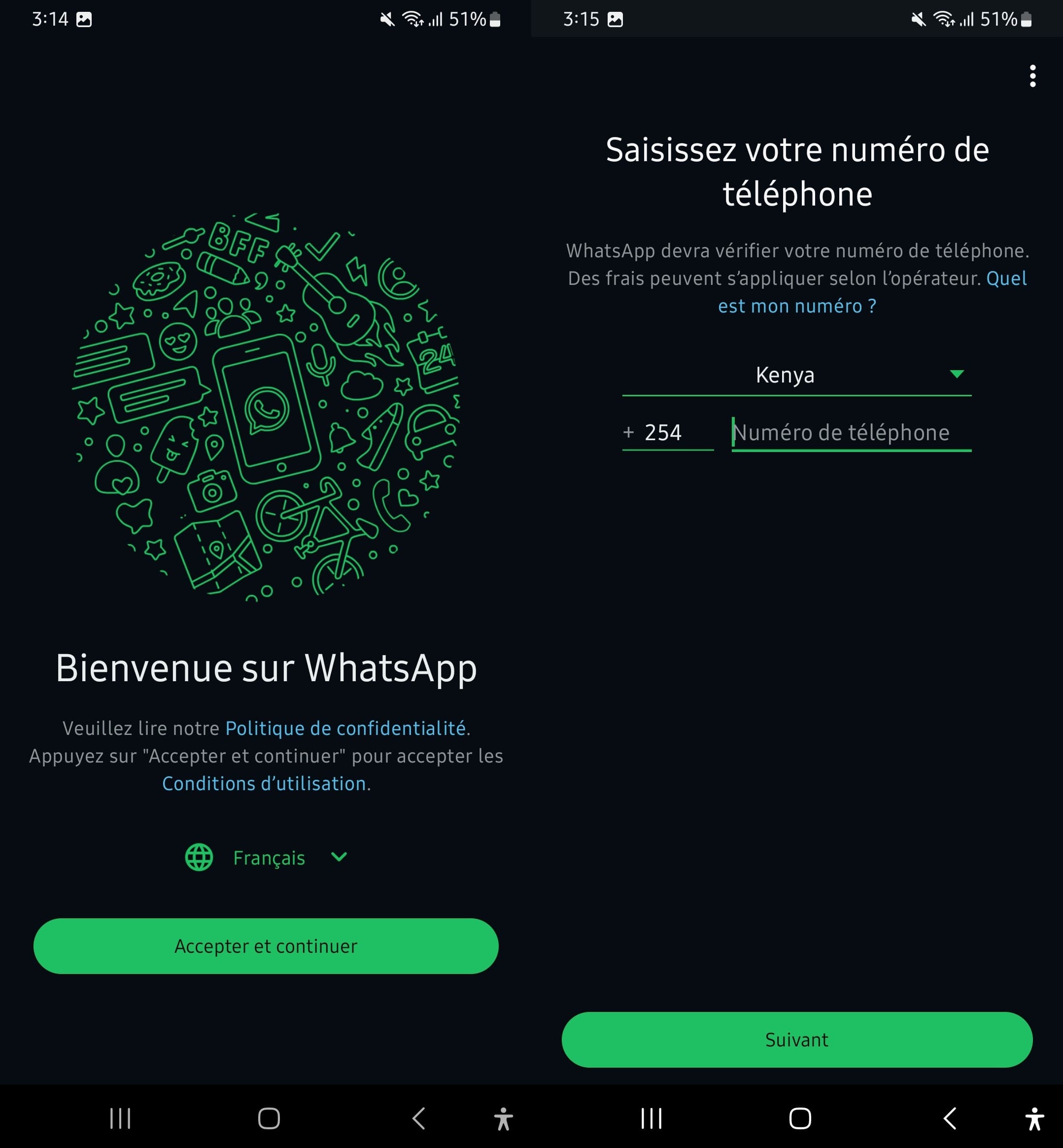 Acceptez les conditions d'utilisation de WhatsApp et entrez le numéro de téléphone pour l'installation.