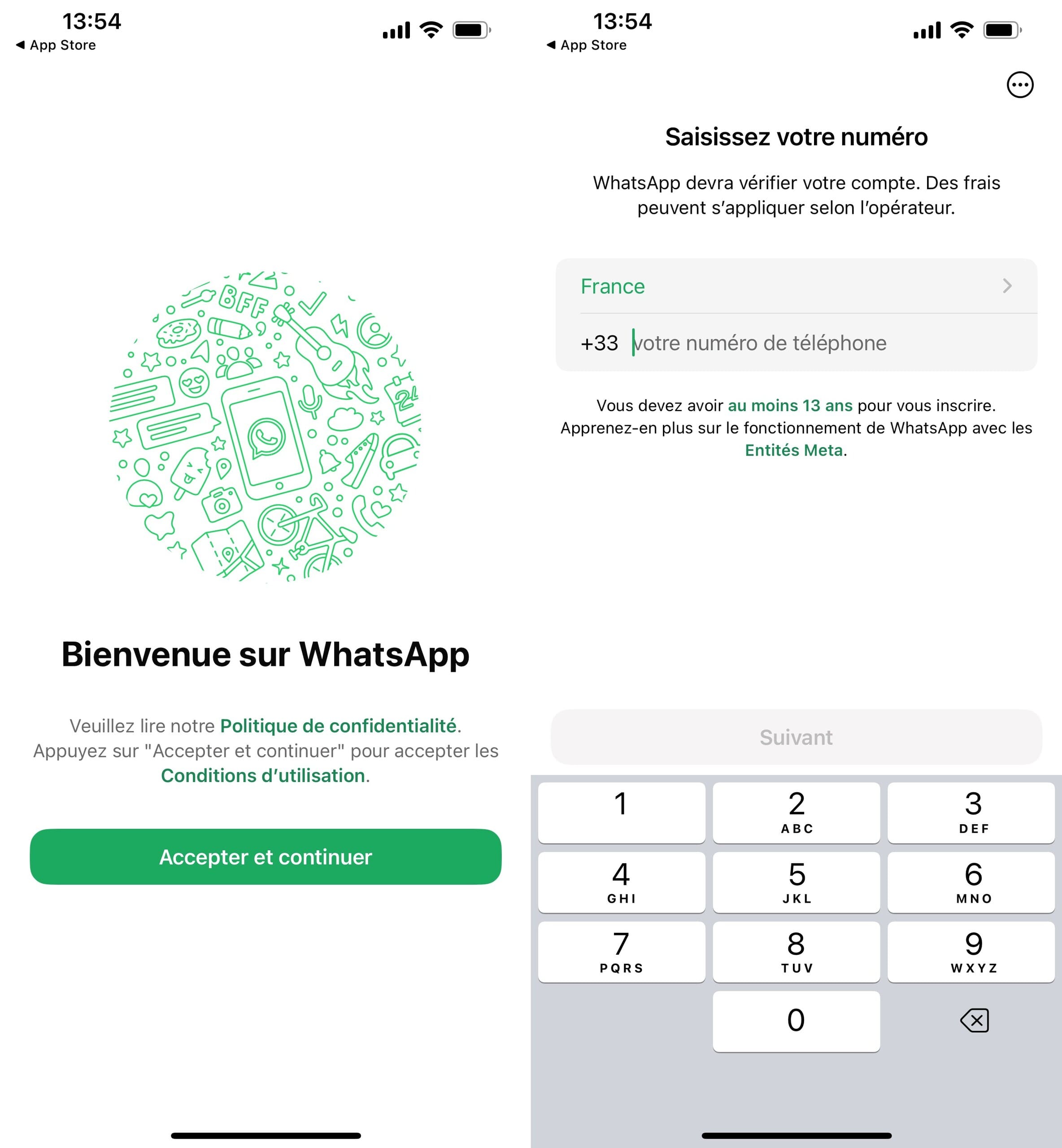 Acceptez les conditions de WhatsApp, saisissez le numéro de téléphone