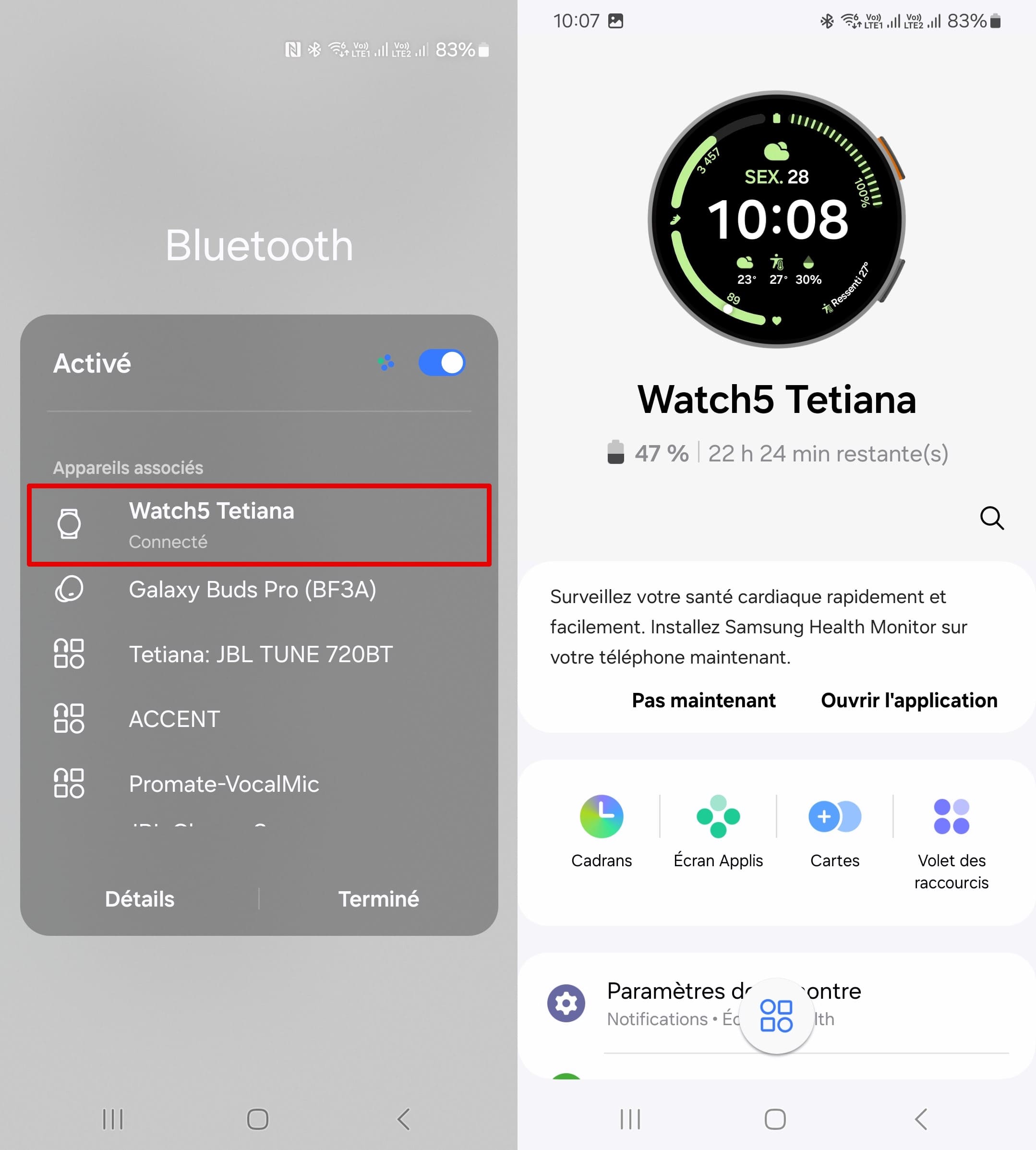 La montre Samsung est connectée au téléphone via le Bluetooth.