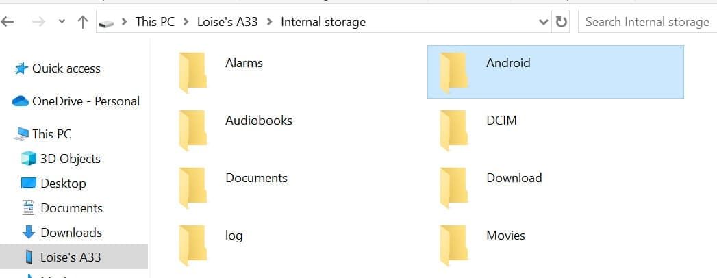 Cliquez sur le dossier Android dans le stockage du téléphone sur PC.