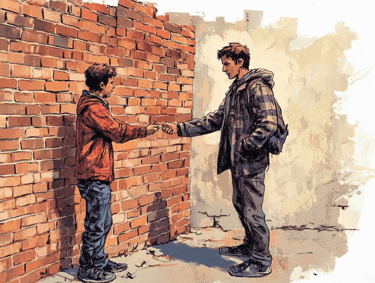 Une peinture numérique représentant deux personnes. L'une reçoit un petit objet de l'autre. La scène suggère un échange secret ou clandestin.
