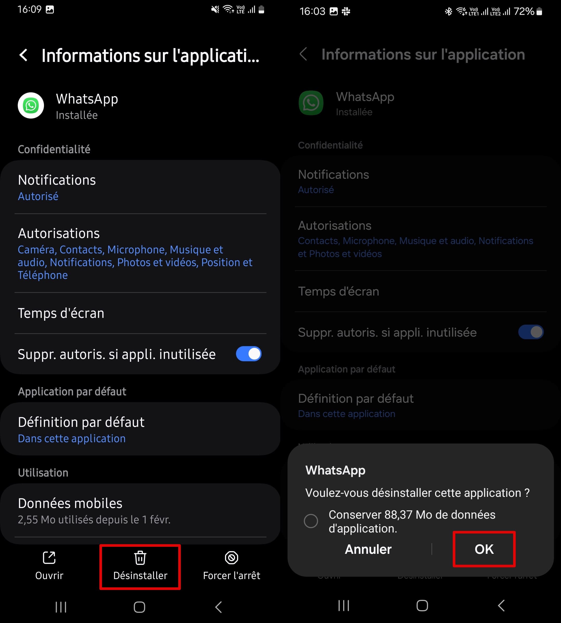 Cliquez sur Désinstaller en bas de la page et confirmez avec le OK.
