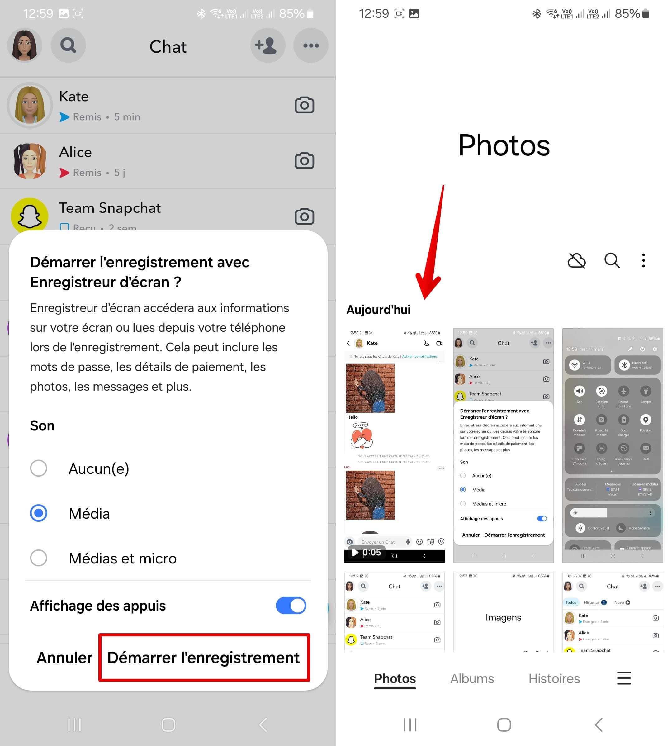 les étapes à suivre pour activer l’enregistreur d’écran sur Snapchat et pour voir dans la galerie.