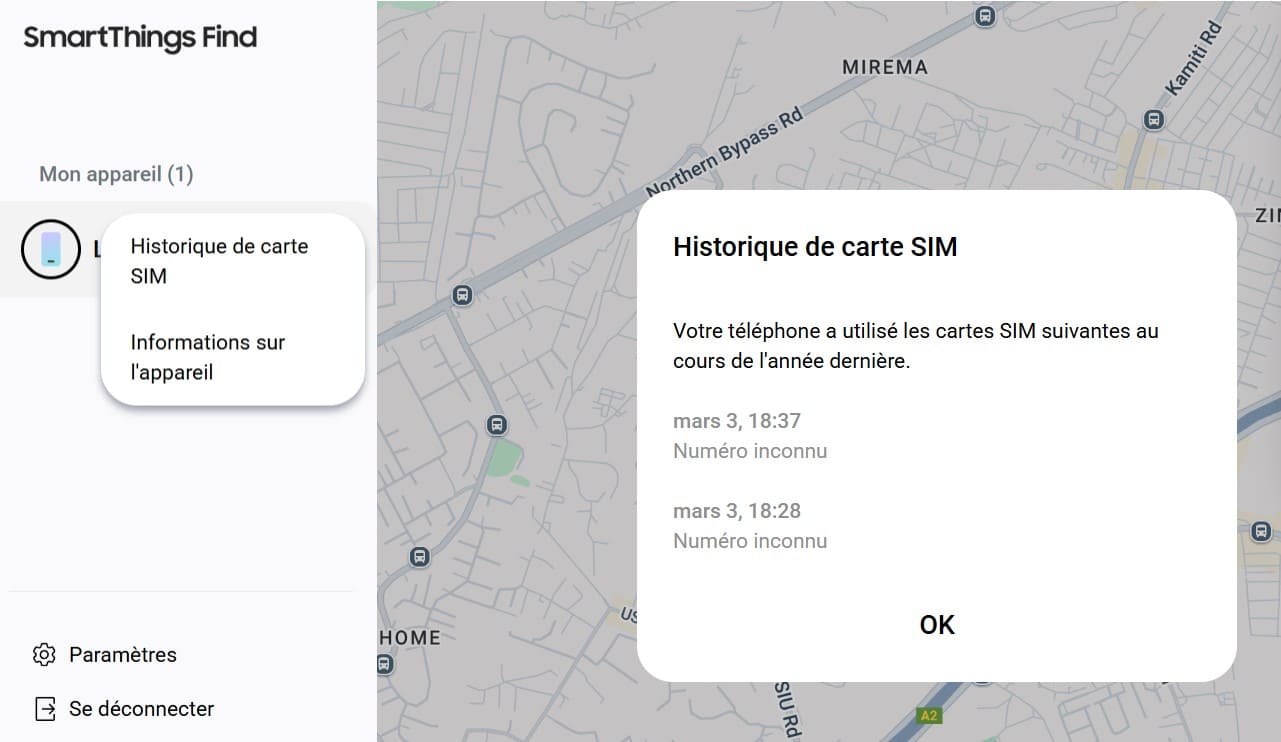 Cliquez sur les trois points pour voir l’historique des changements de carte SIM sur SmartThings Find.