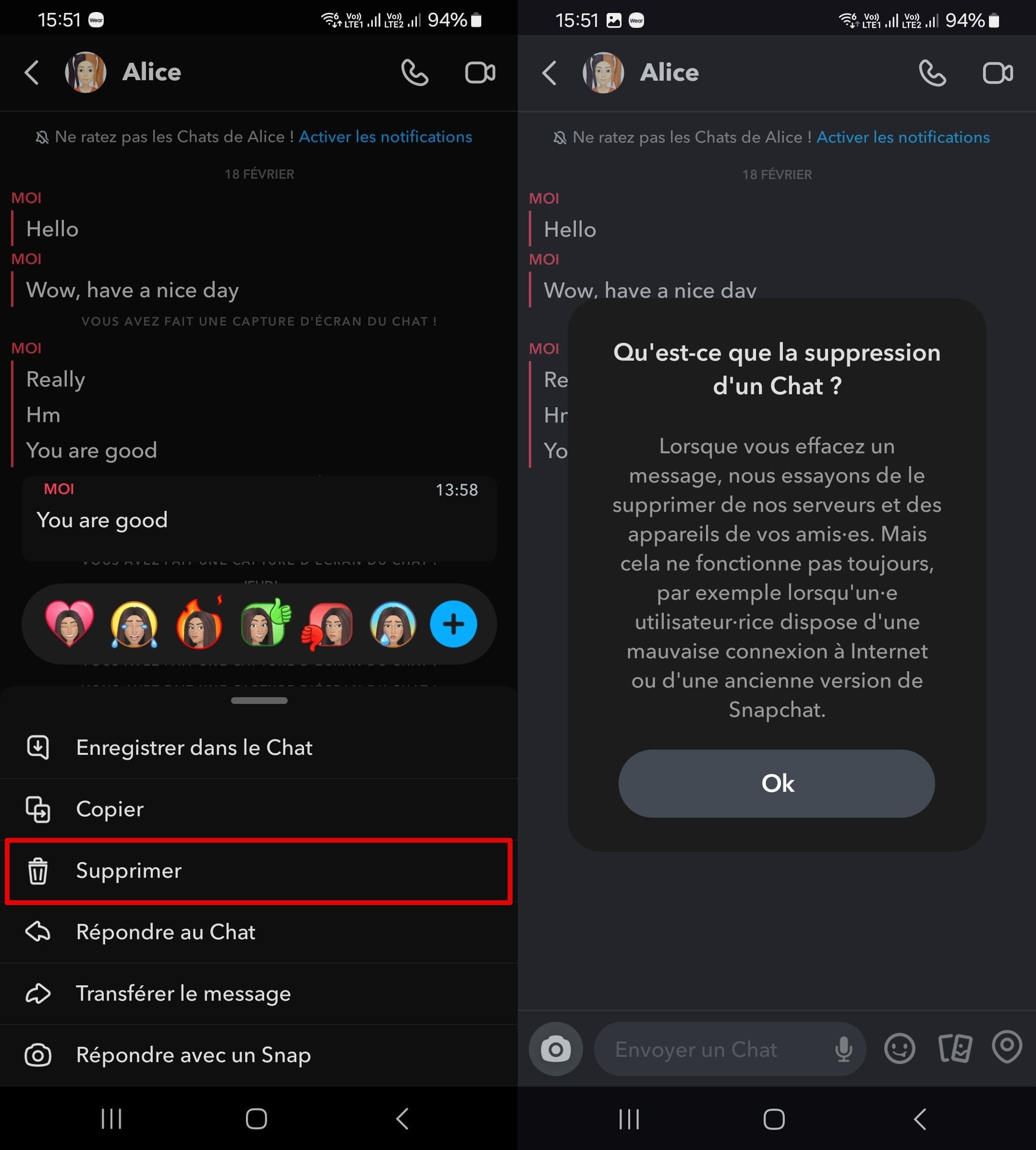 Snapchat vous avertit que pas tous les messages supprimés peuvent être effacé du compte de l’autre utilisateur.
