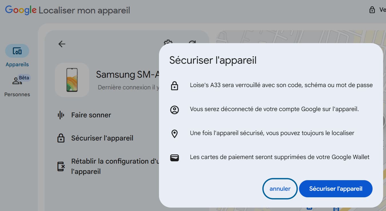 Cliquez sur Sécuriser l’appareil sur Google Localiser mon appareil. Une liste d’actions qui seront entreprises sont listées.