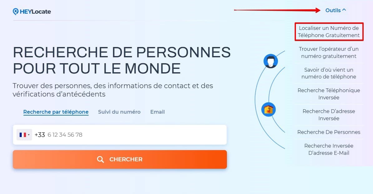 Le champ de recherche Phone Lookup sur la page principale et le menu déroulant Services avec des options pour la recherche de téléphone, le suivi de numéro et la recherche d'adresse.