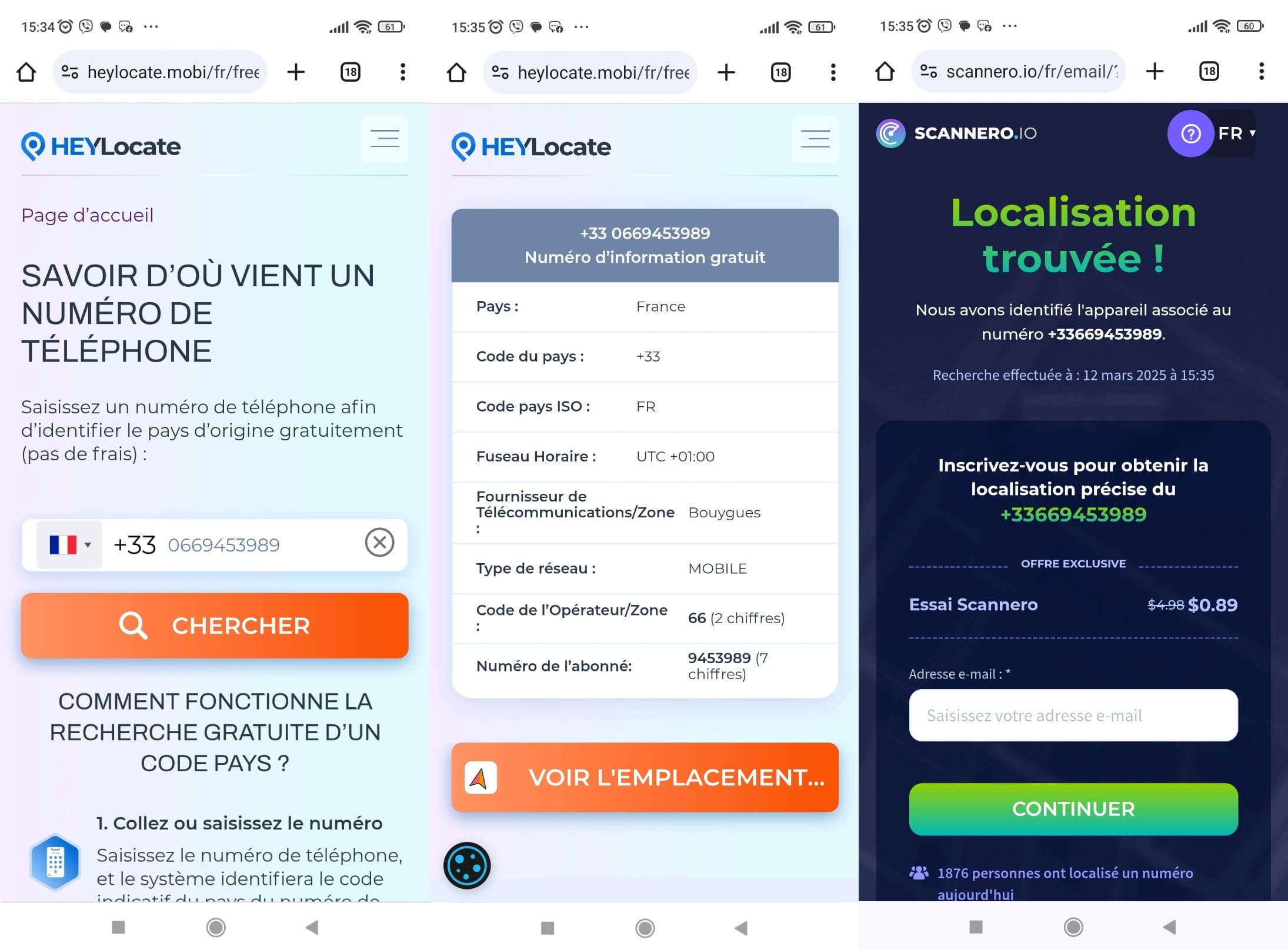Service gratuit de code pays HeyLocate : entrez le numéro de téléphone pour obtenir des informations sur le numéro et utilisez Scannero pour afficher l'emplacement en temps réel.