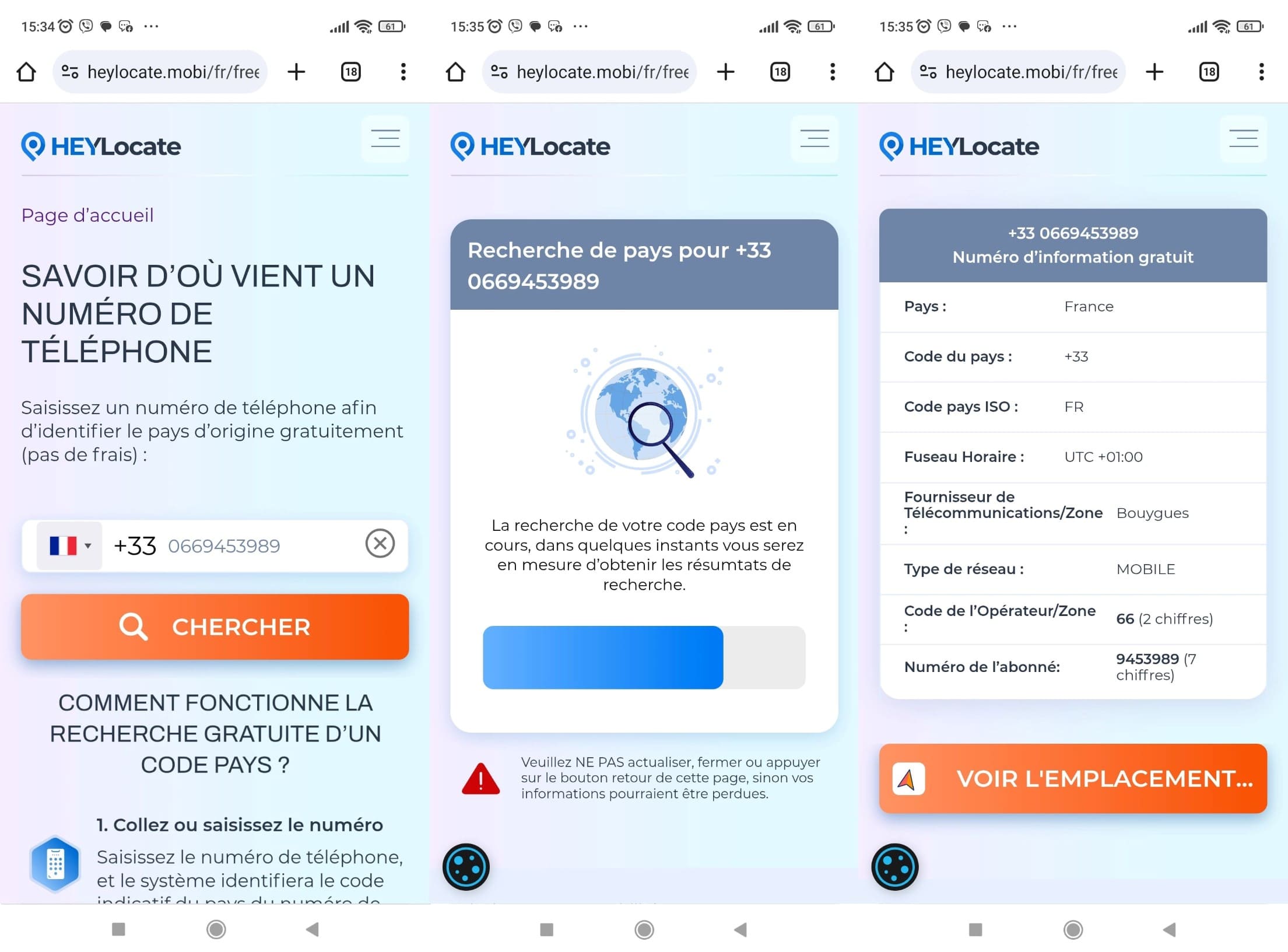 Entrez un numéro de téléphone et effectuez une recherche gratuite par pays : les résultats affichent le nom du pays, l'indicatif du pays et le code ISO du pays.