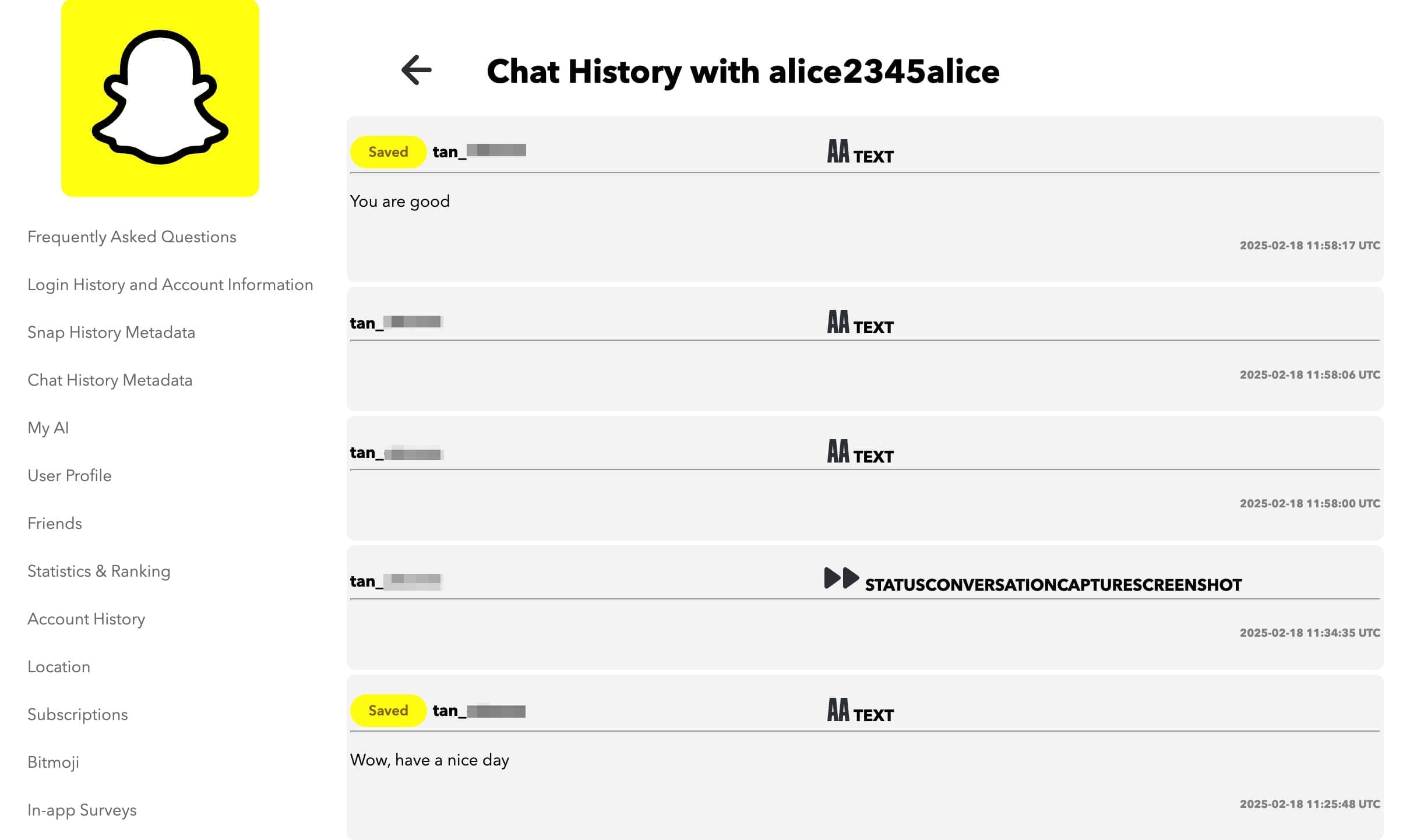 Récupération de l’historique Snapchat avec du texte et un horodatage.