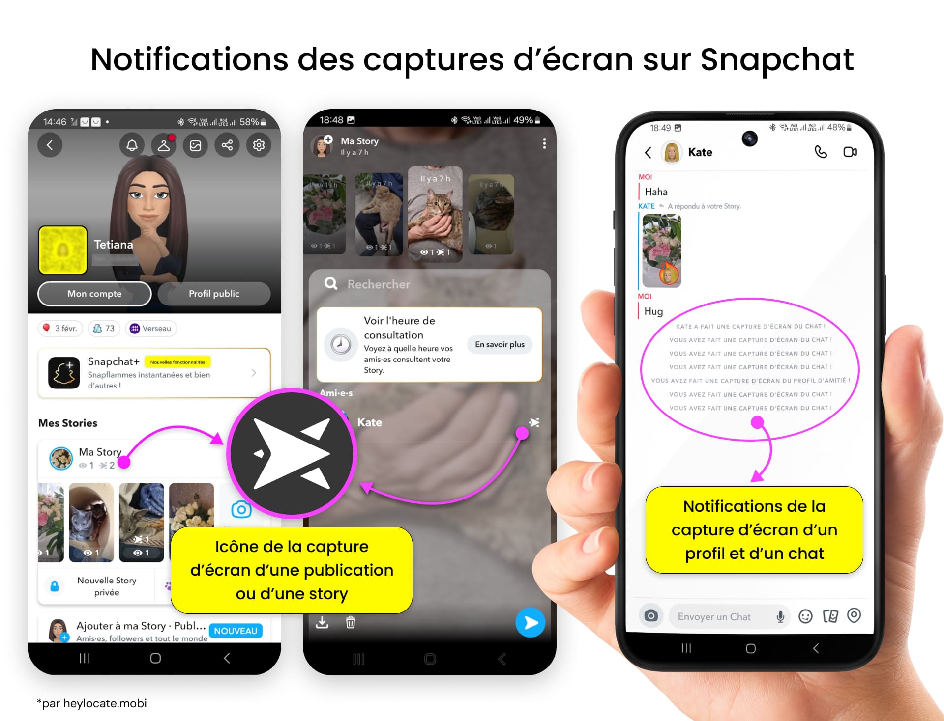 Exiba um ícone de captura de tela da história e notifique-o sobre a captura de tela no bate-papo do Snapchat.