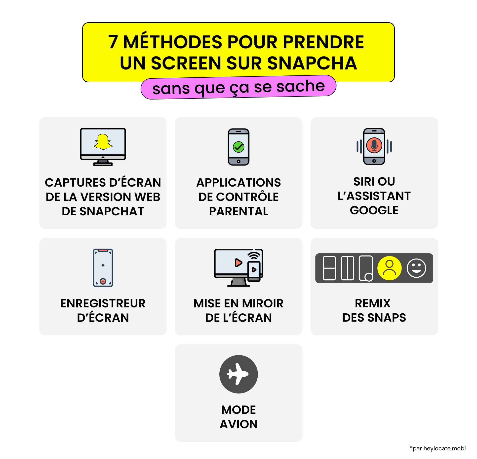 Métodos para fazer uma captura de tela no Snapchat: aplicativos de controle dos pais, gravador de tela, espelhamento de tela, Snapchat Web, Remix Snap, Siri ou Google Assistant e modo avião.