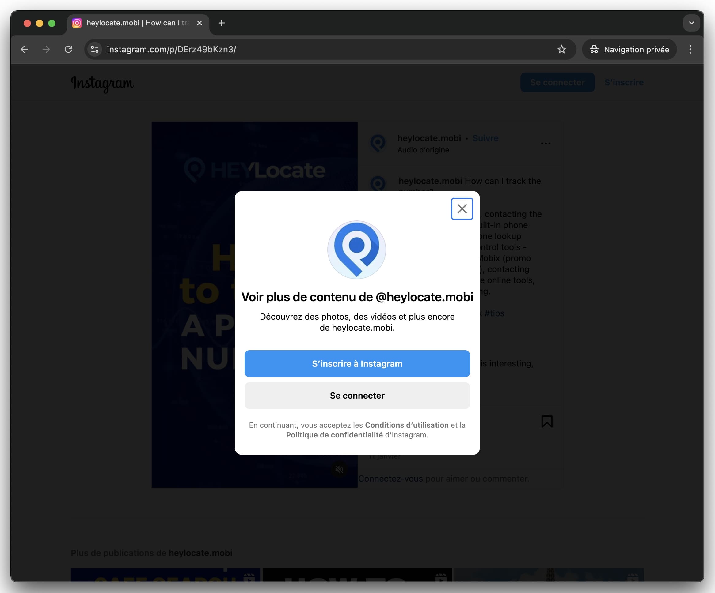 Cliquez sur X dans la boîte de dialogue pour ouvrir un compte Instagram.