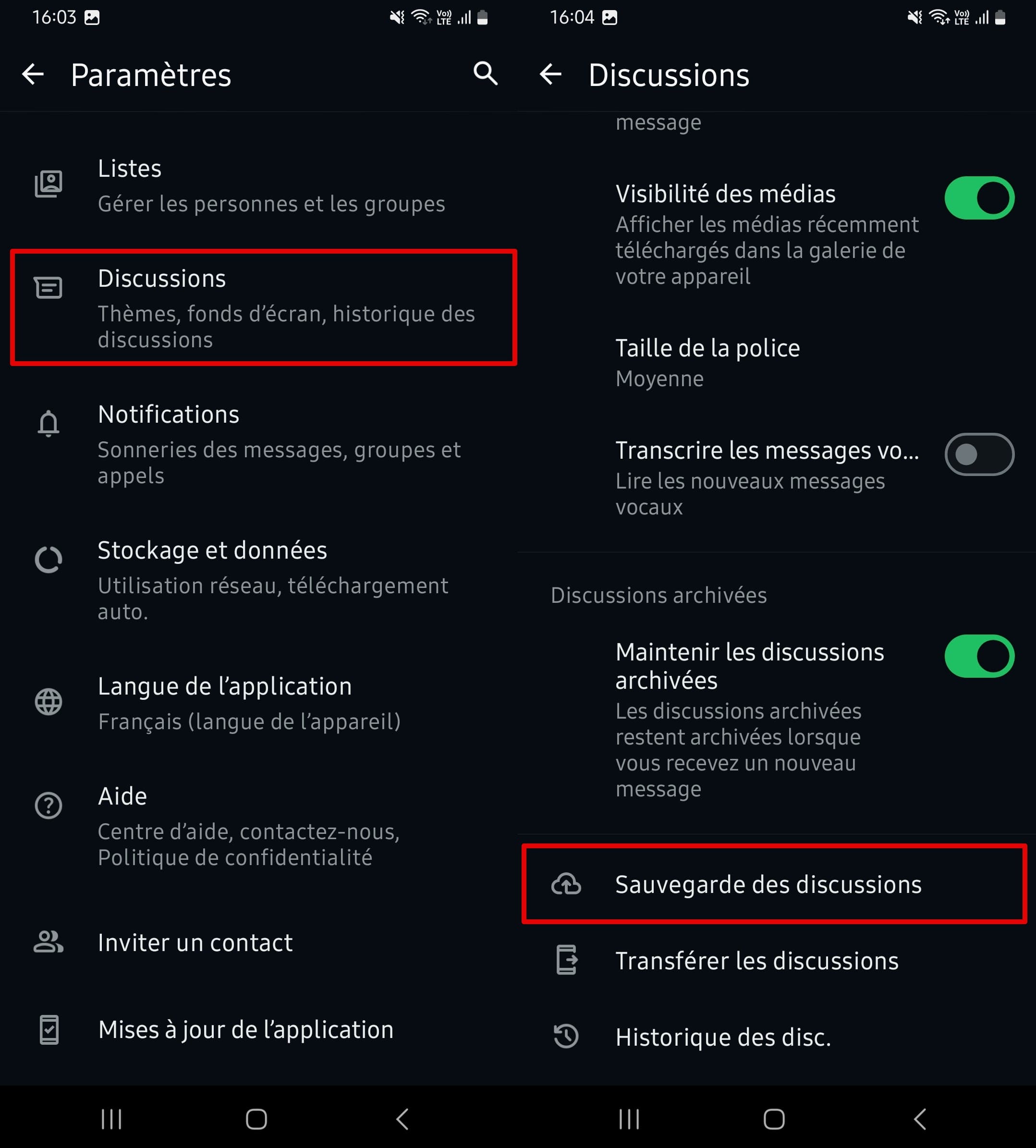 La modification des paramètres de sauvegarde des discussions sur WhatsApp.