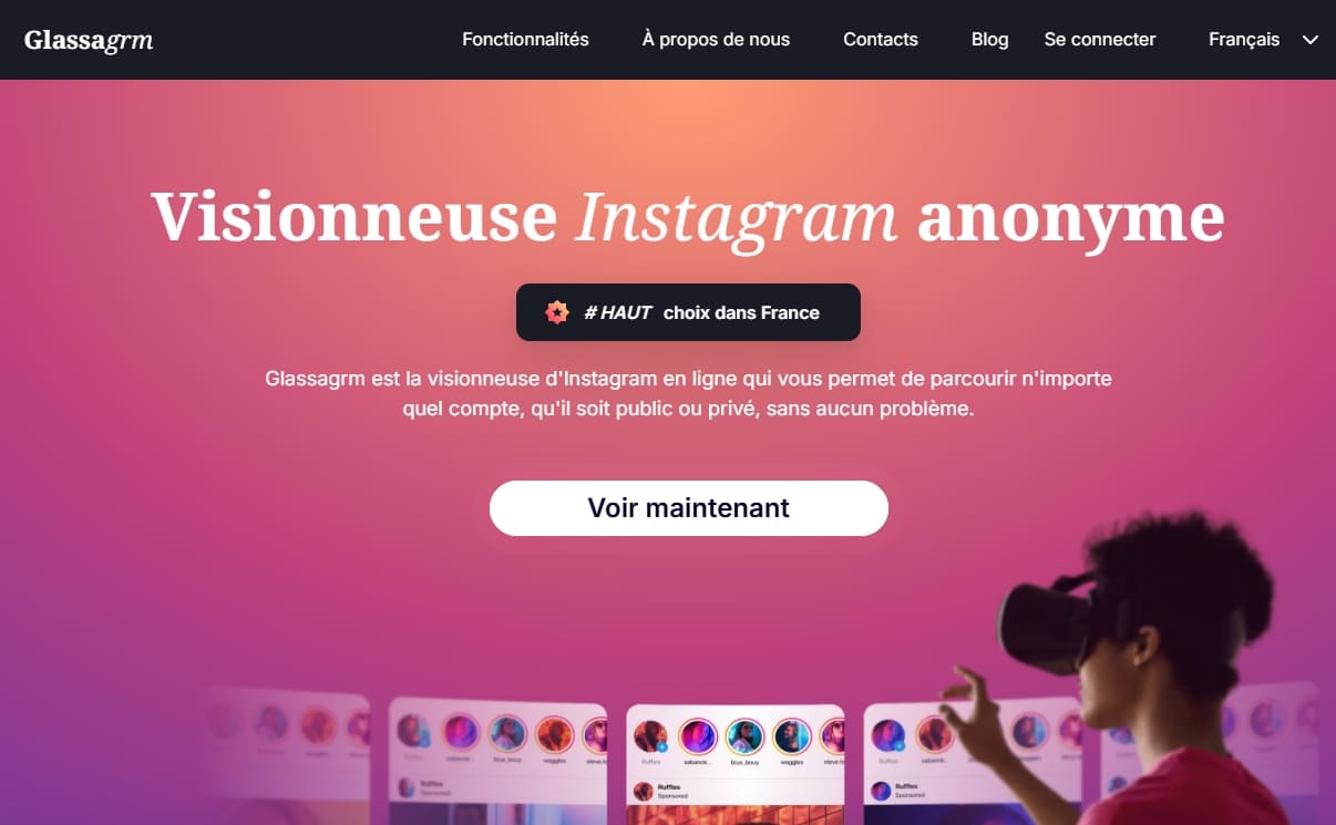 Vue de la page d'accueil de Glassagram avec le bouton Regarder maintenant