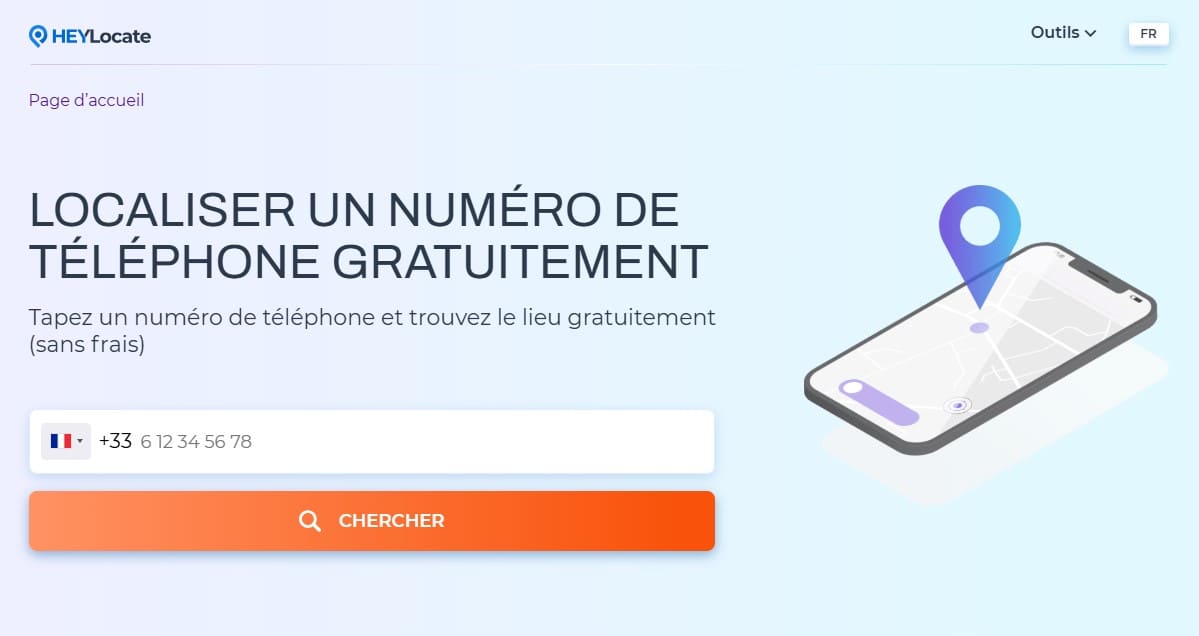 Page du traqueur de numéro de téléphone gratuit de HeyLocate, affichant une barre de recherche pour saisir un numéro de téléphone et trouver son emplacement.