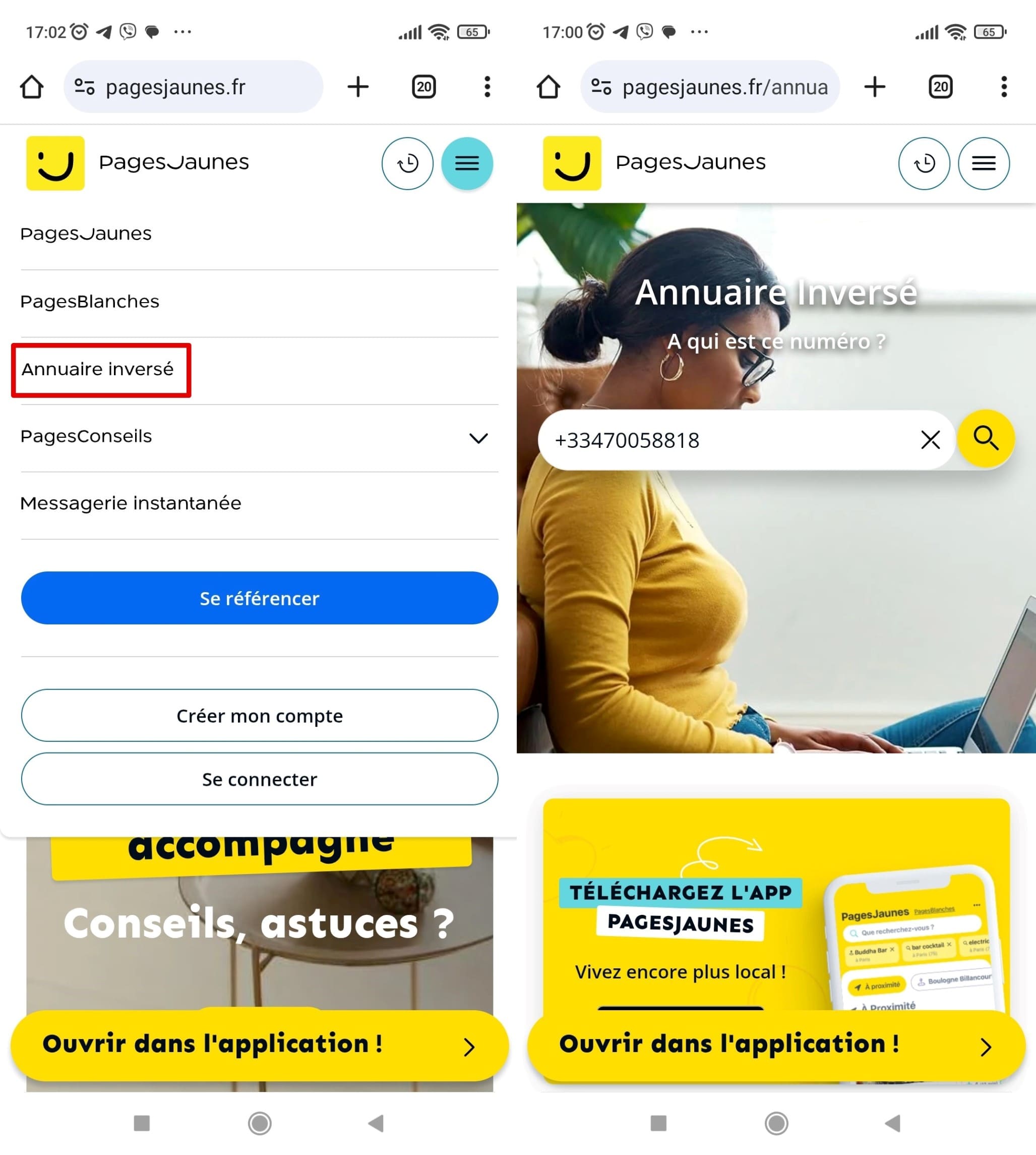 Choisissez l’annuaire inversé des Pages Jaunes sur votre smartphone, saisissez un numéro de téléphone et cliquez sur « Rechercher ».