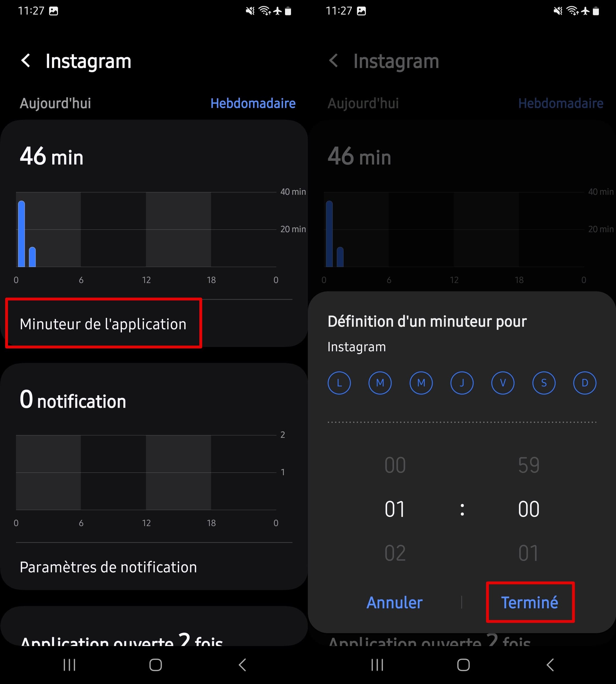 paramètre du minuteur de l’application dans le tableau de bord du temps d’écran des applications