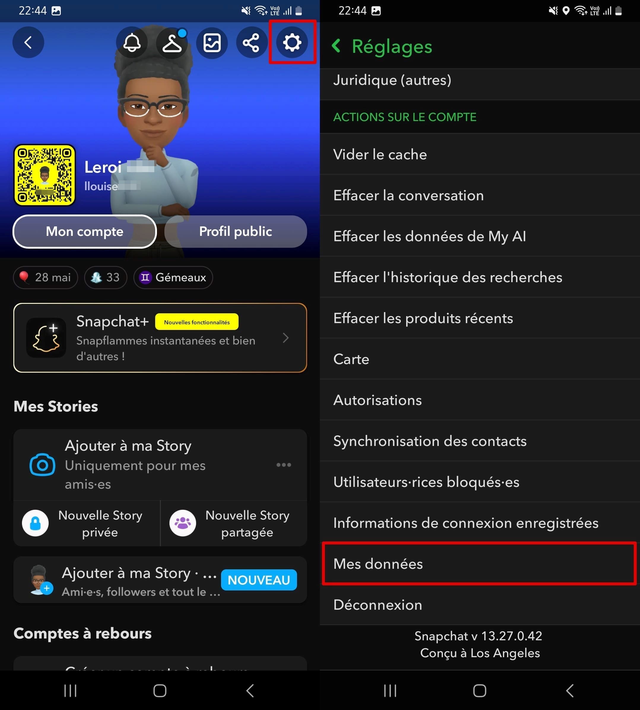 Ouvrez les paramètres de Snap et faites défiler l’écran jusqu’à Mes données.
