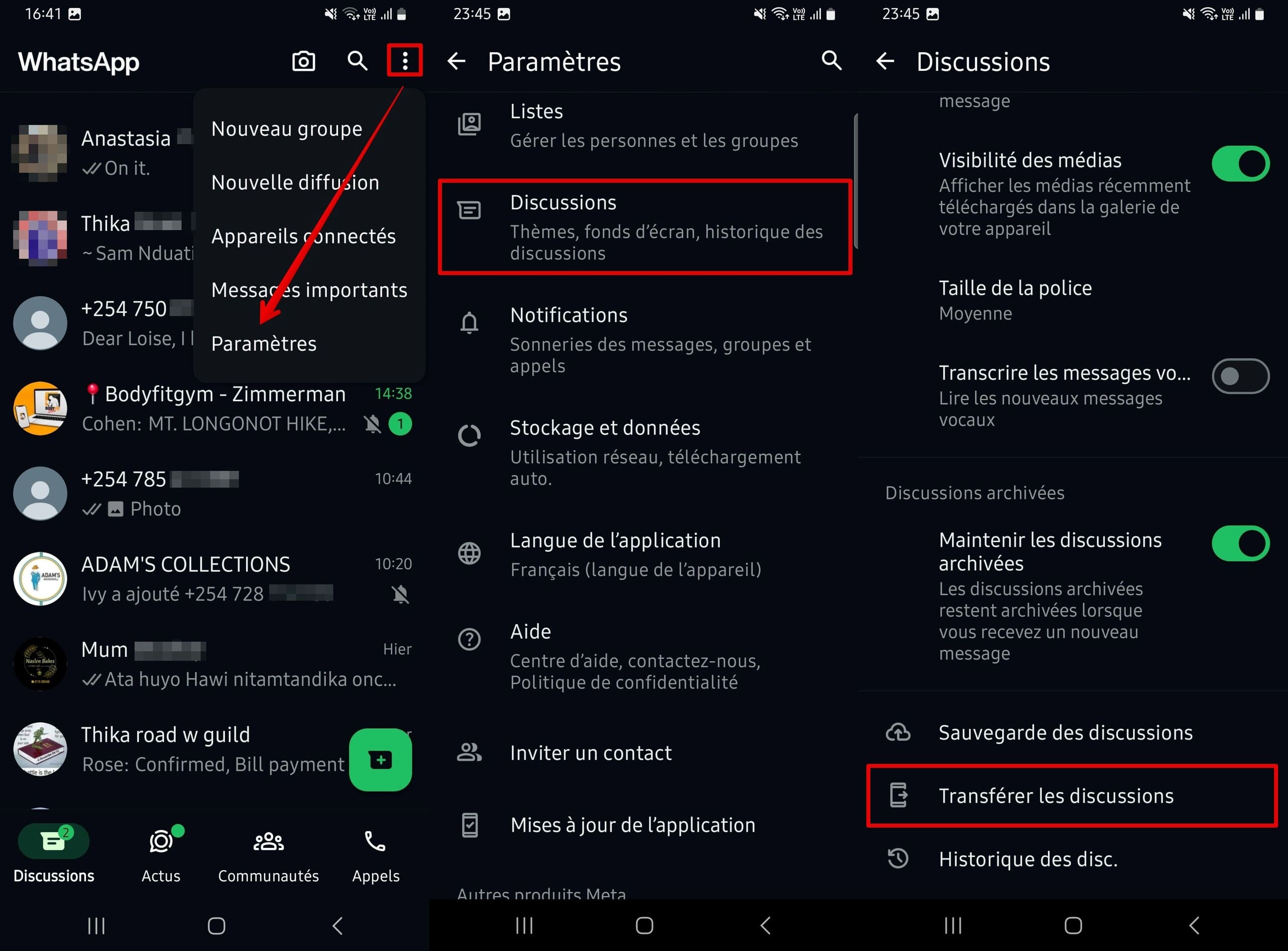 Ouvrez les Paramètres de WhatsApp - Discussions - Transférer les discussions.