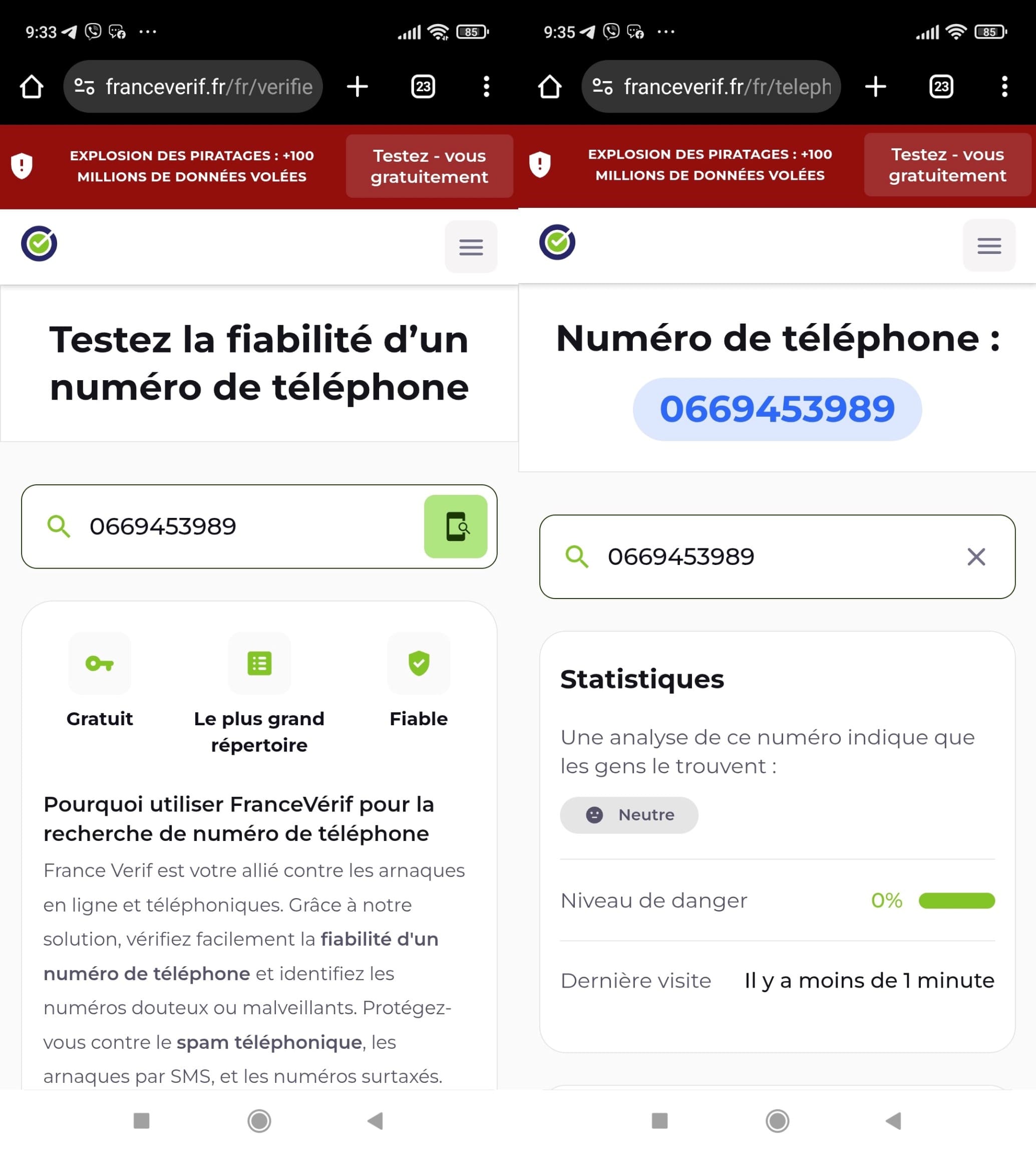 Saisie du numéro de téléphone sur la plateforme France Verif et affichage des résultats.