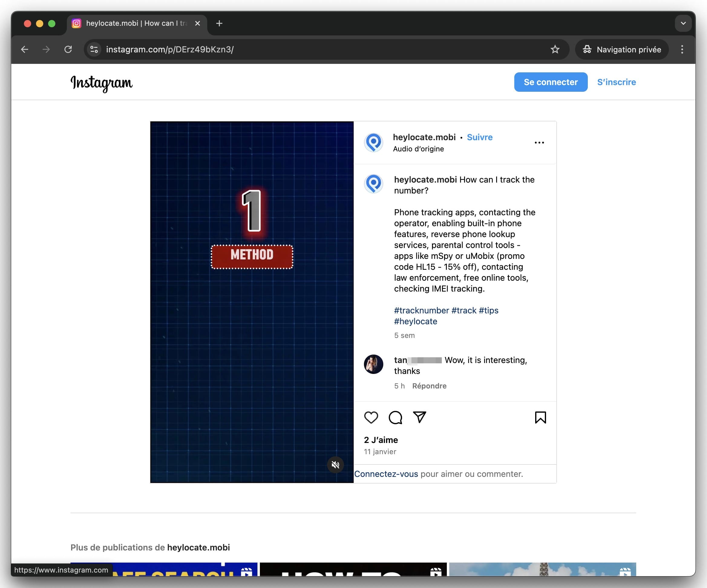 un reel Insta ouvert sans avoir eu à se connecter.
