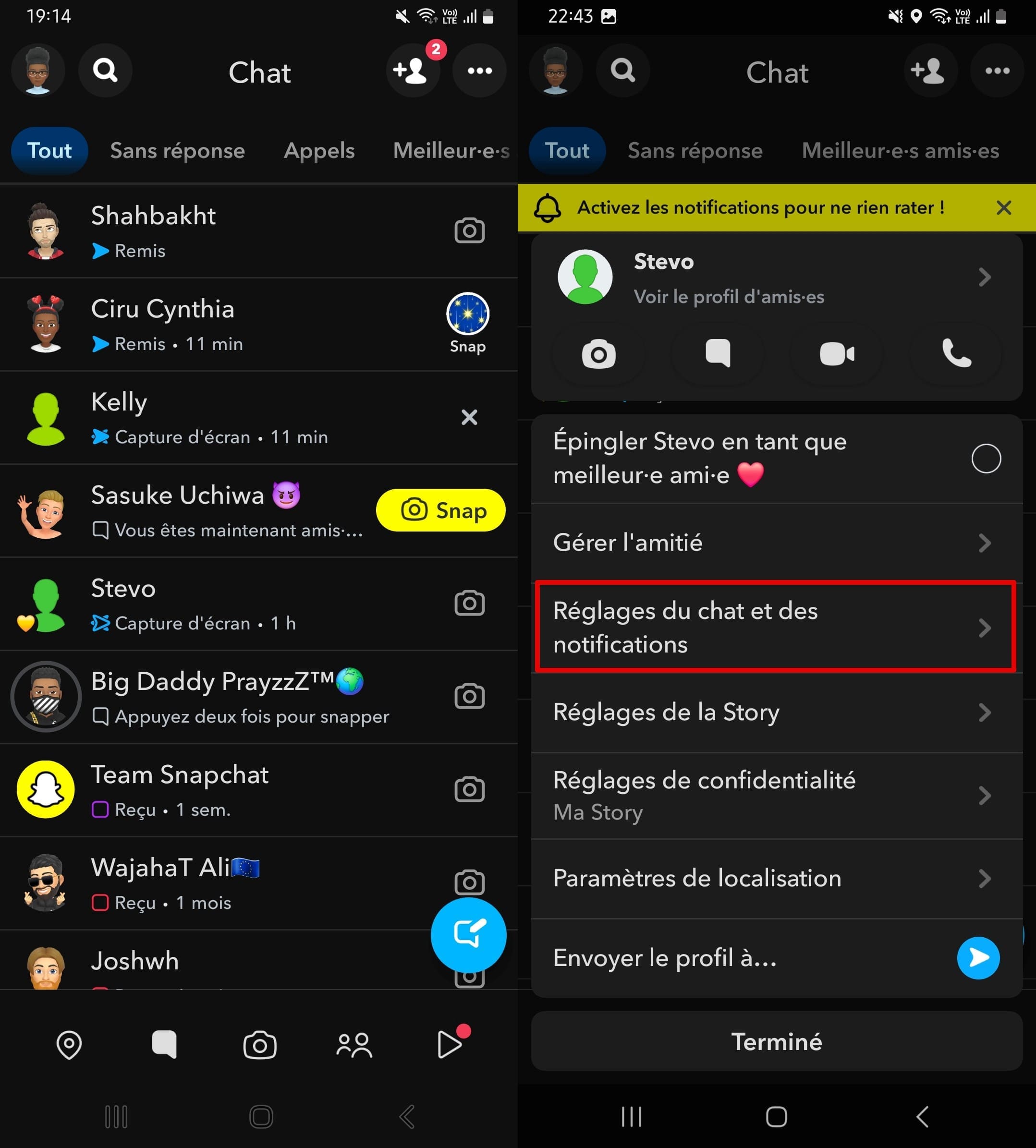 Ouvrez les discussions Snap - maintenez votre doigt appuyé sur une discussion - choisissez les réglages du chat et des notifications.