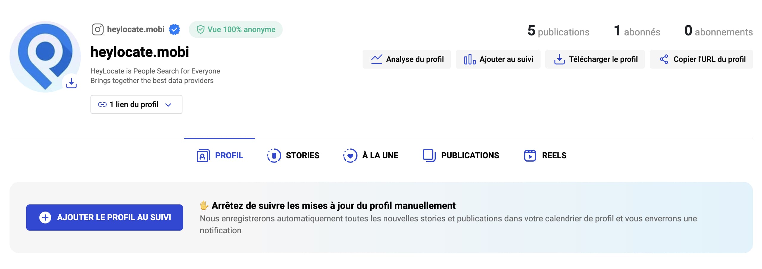 Résultats de la bio suite à une recherche Inflact de nom d’utilisateur Instagram.